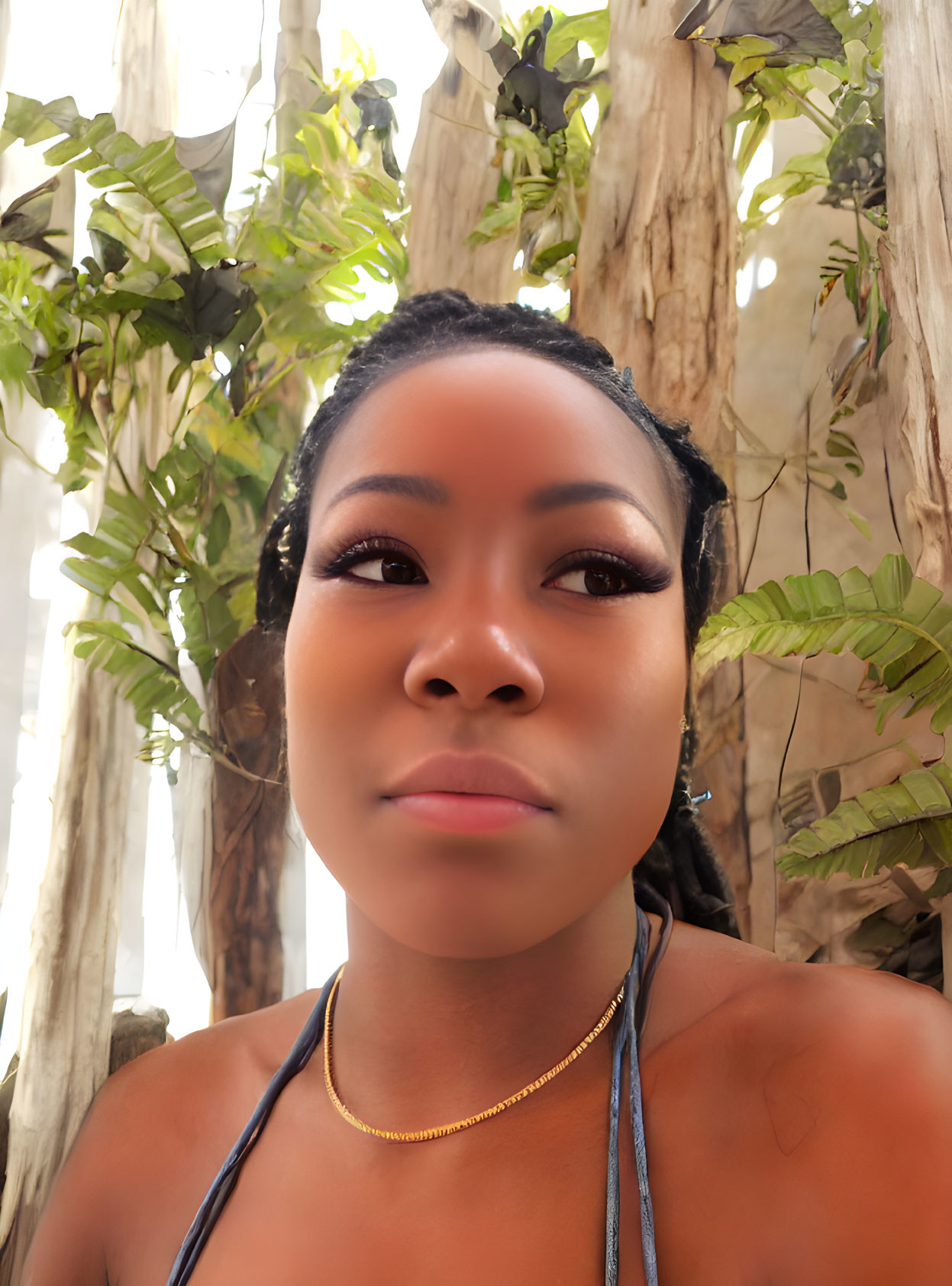 Close-Up Selfie of Woman with Trees and Foliage Background and Prominent Makeup