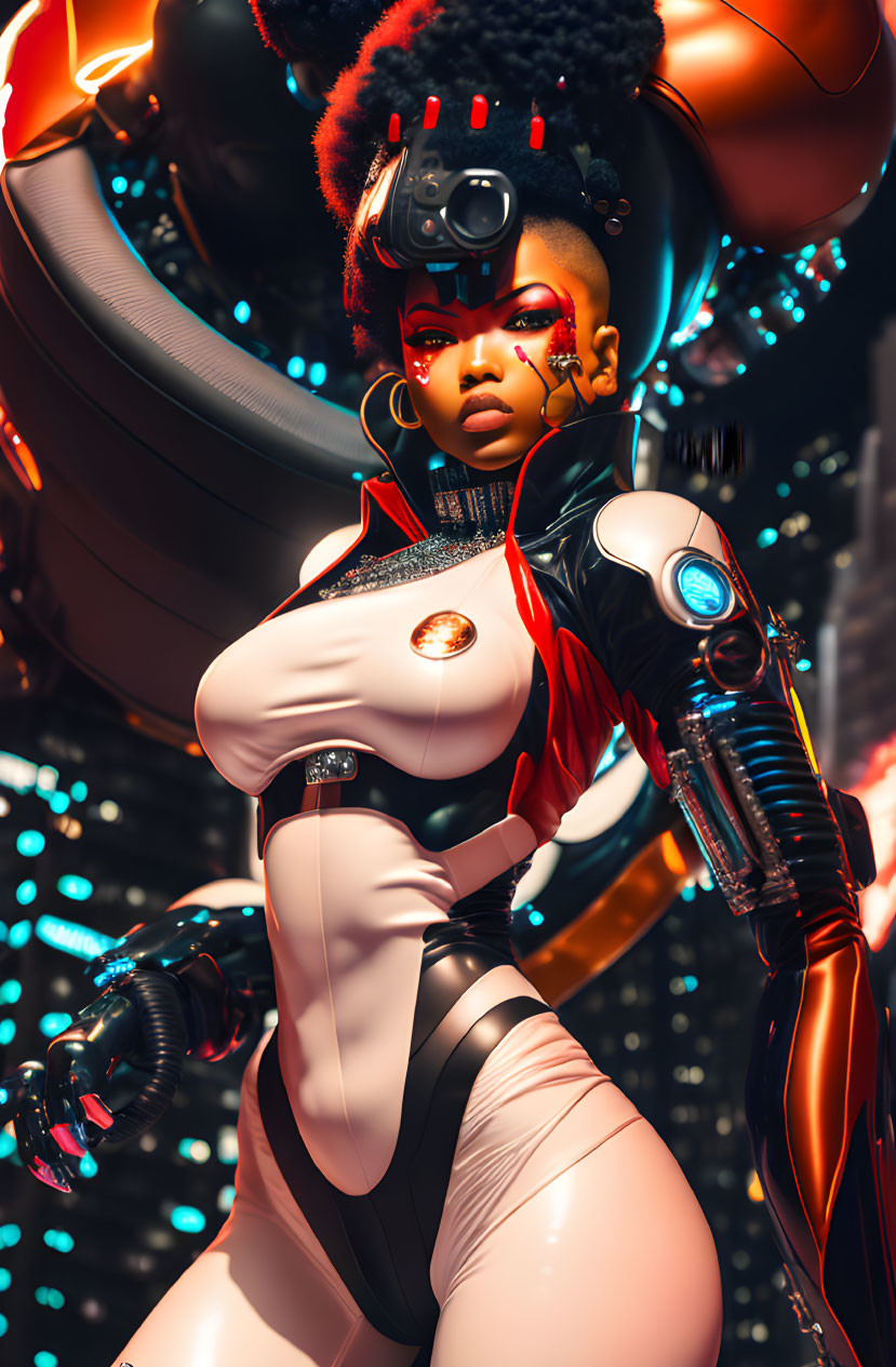 Futuristic female character with exoskeleton and cybernetic limbs