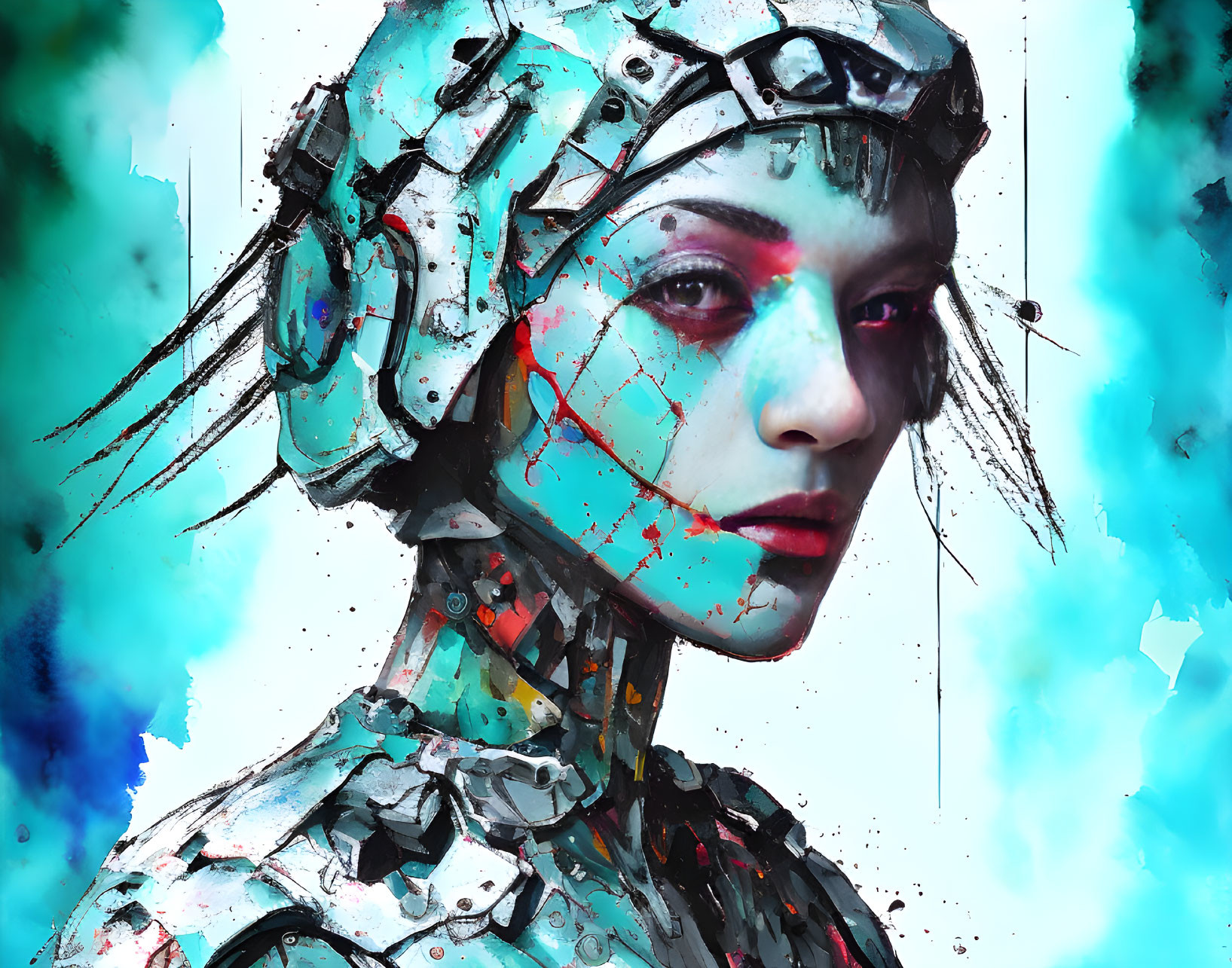 Cyborg with human-like face and blue splatter background