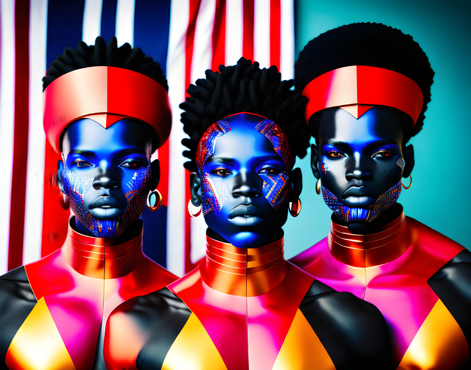 Vibrant body paint on stylized figures with geometric patterns against colorful flag-like stripes