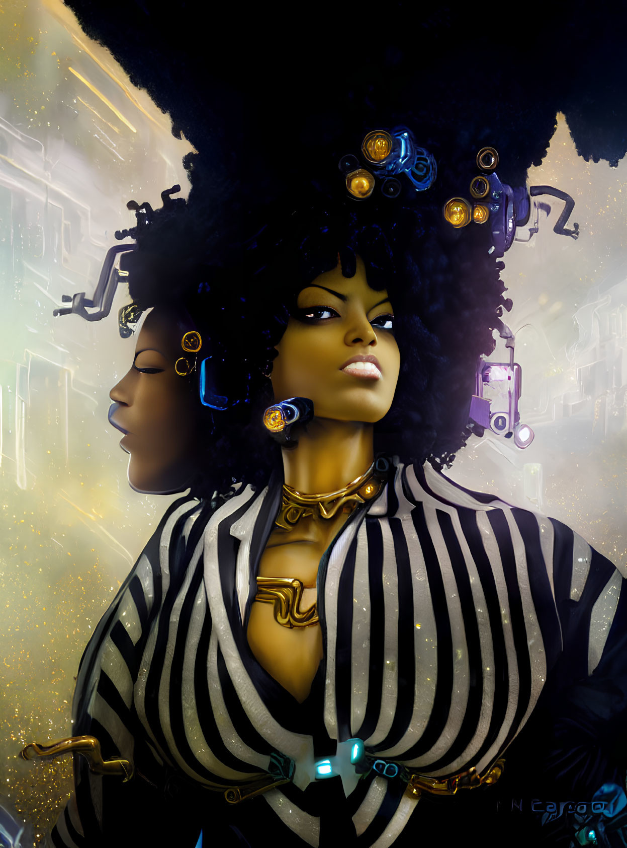 Futuristic digital art: Two women with cybernetic afro hairstyles on golden background