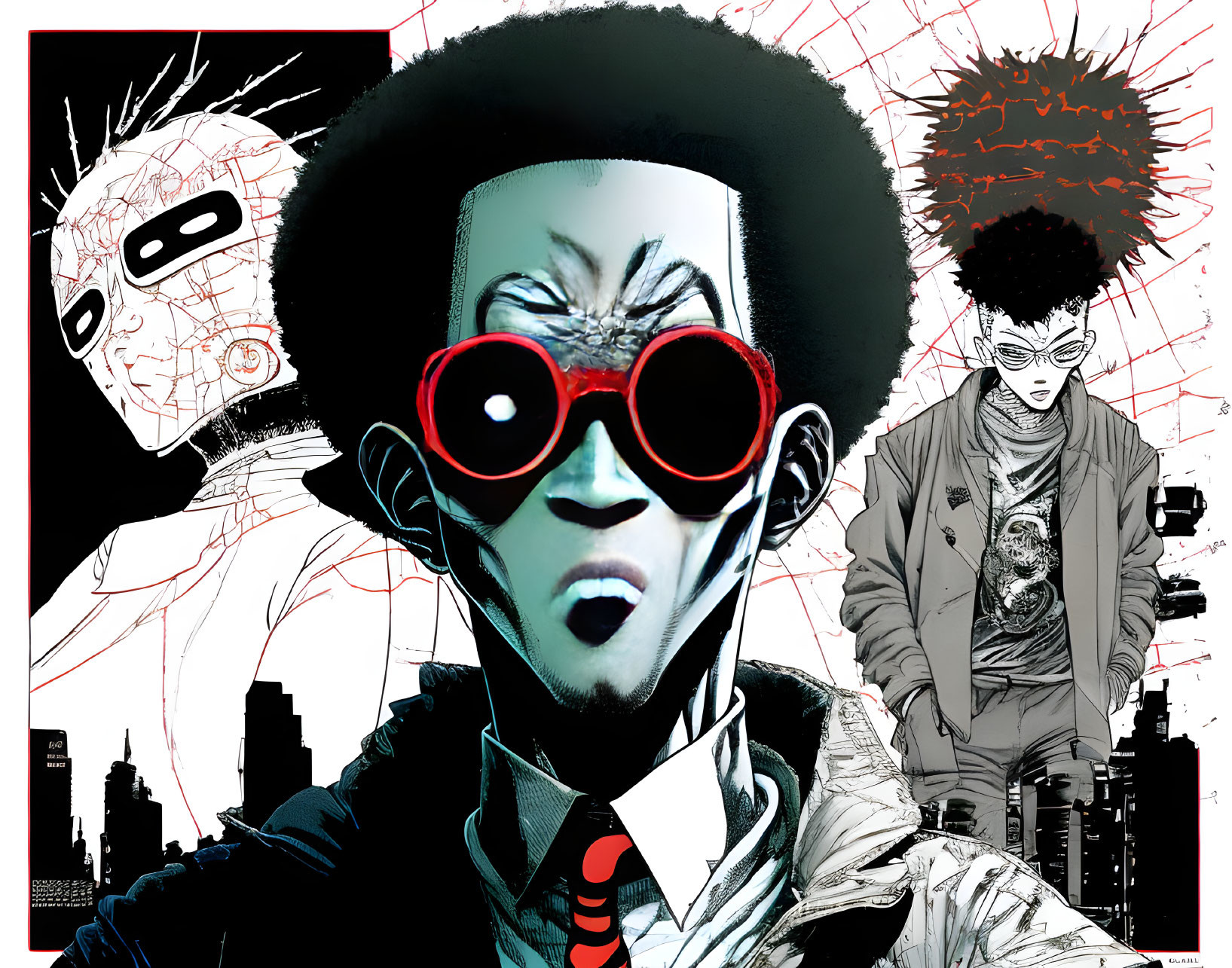 Comic book style illustration of three male characters with unique hairstyles and exaggerated expressions on a dramatic background.