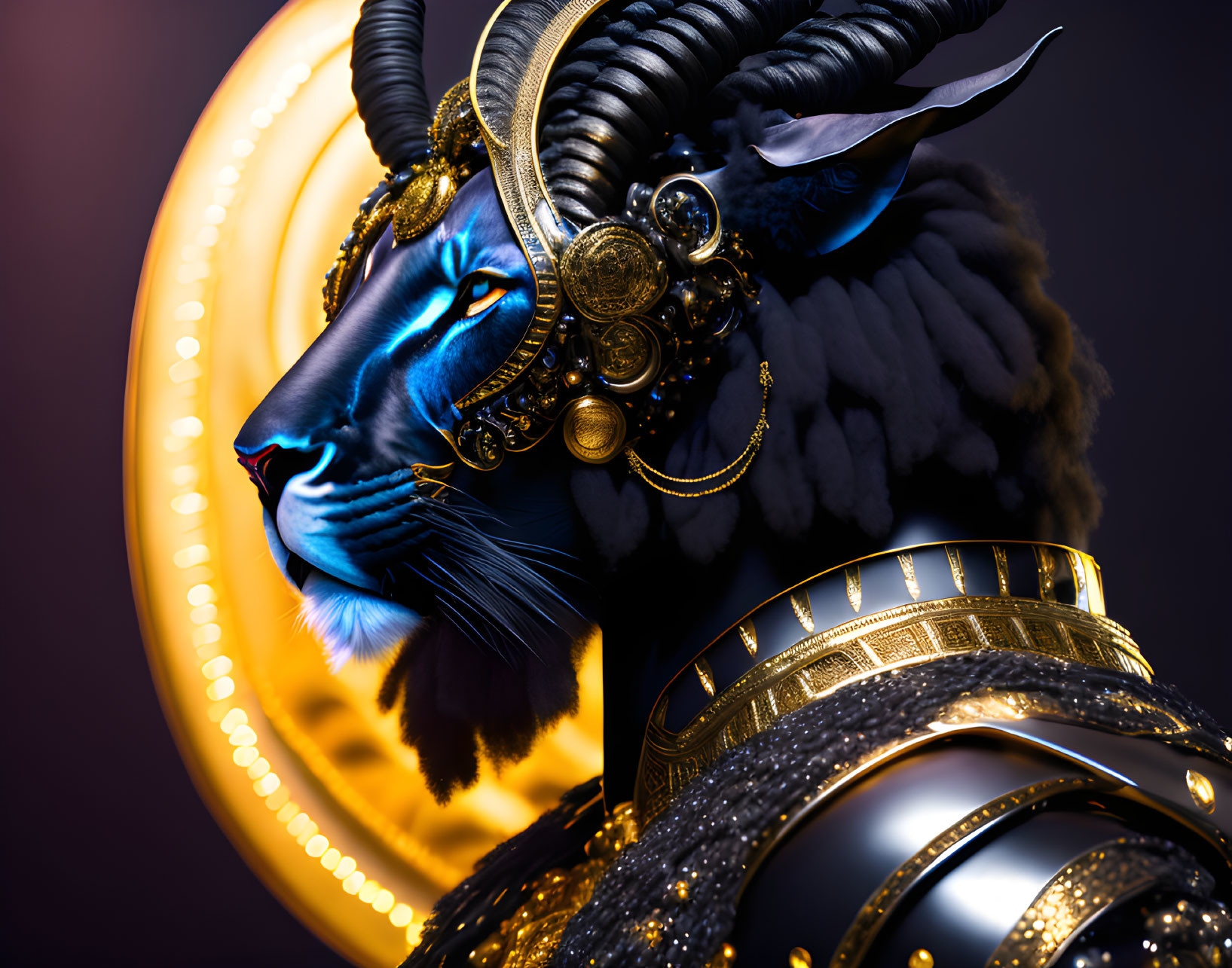 Blue lion with golden jewelry and ram horns on halo background