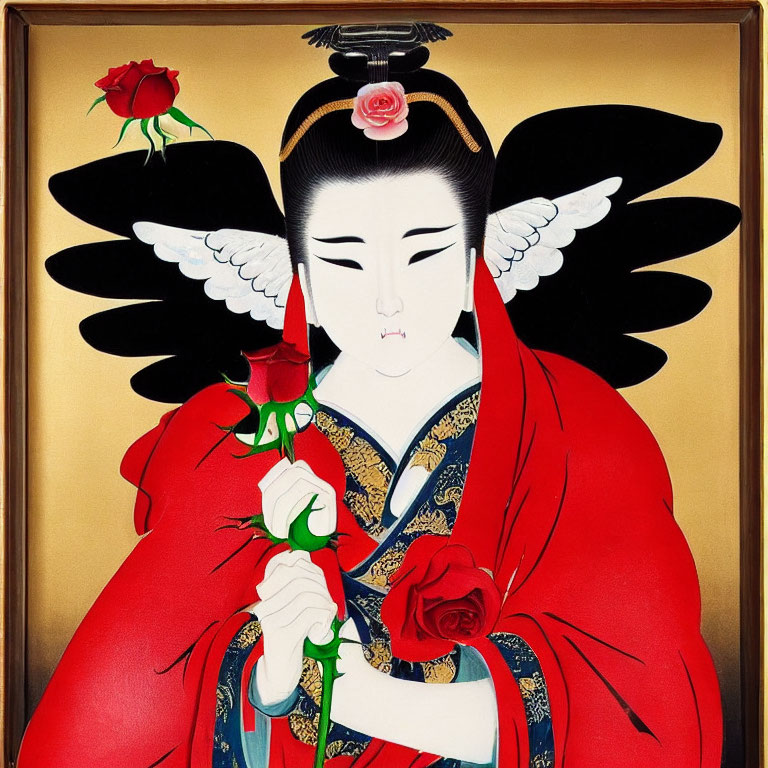 Colorful painting of a woman with wings and rose in traditional attire