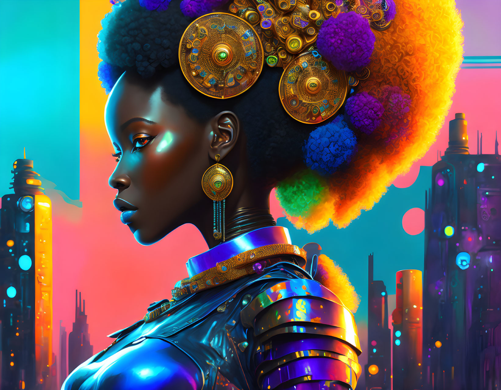 Futuristic woman portrait with vibrant attire and neon cityscape