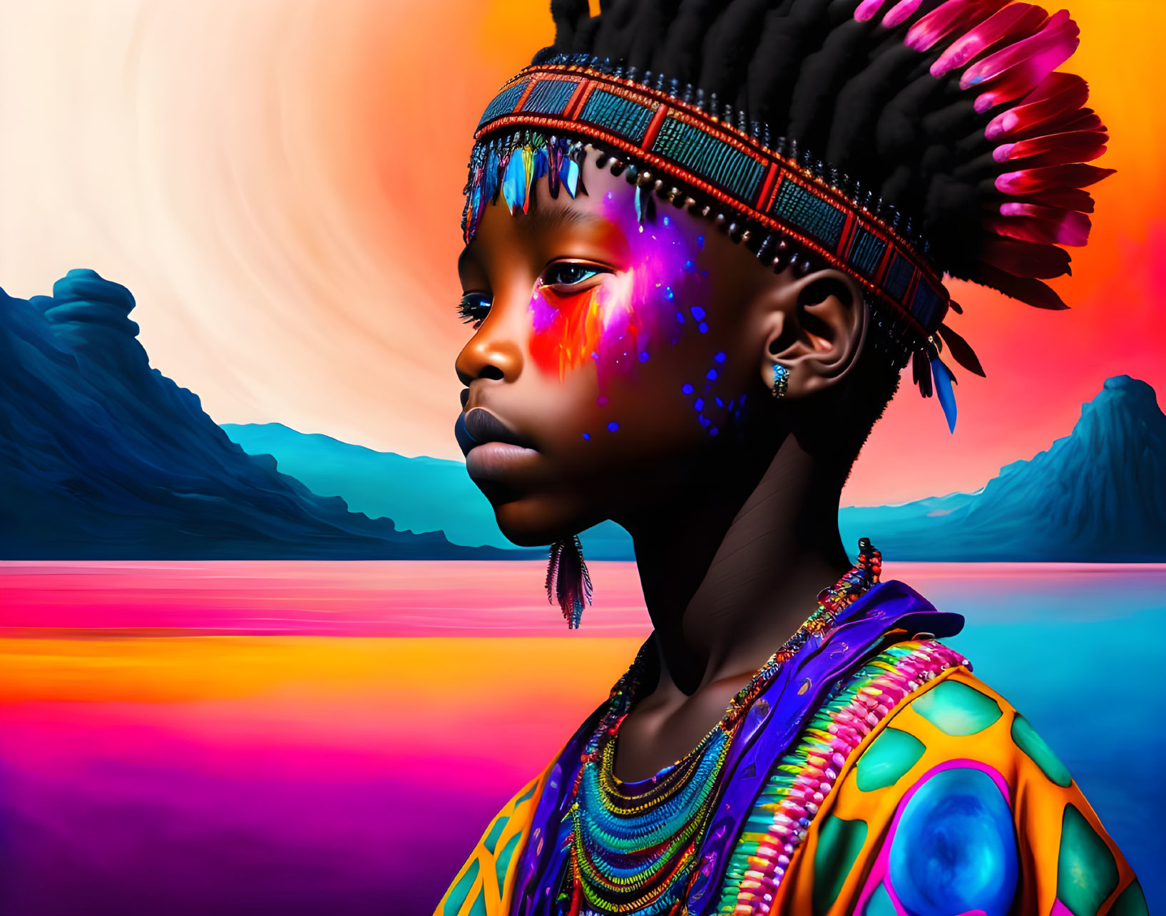 Colorful digital portrait with face paint and headdress in surreal landscape