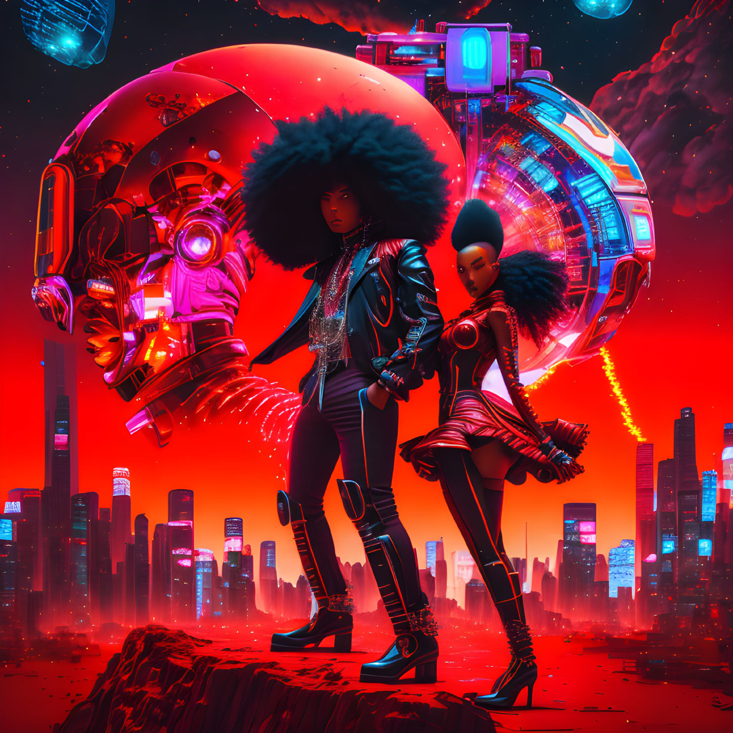 Futuristic individuals with elaborate hairstyles in neon-lit cityscape