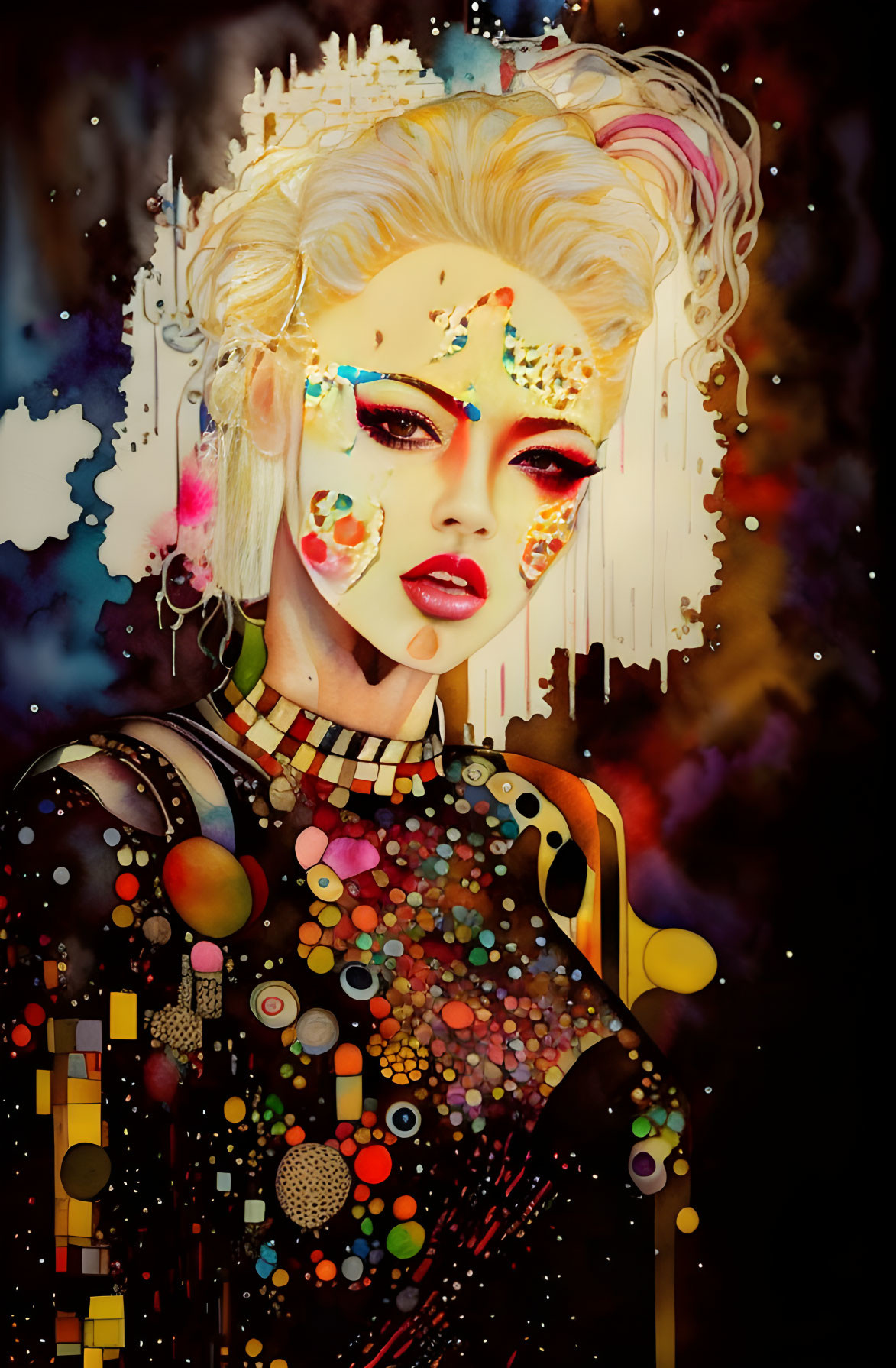 Colorful abstract design on person's face with vibrant splash background and geometric shapes on clothes