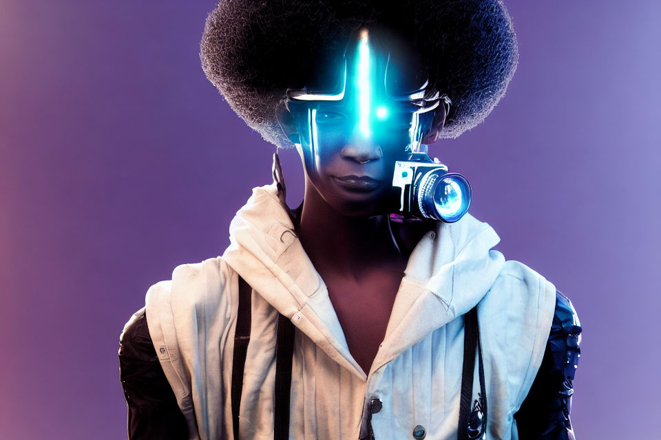 Futuristic person with neon visor and camera on purple background