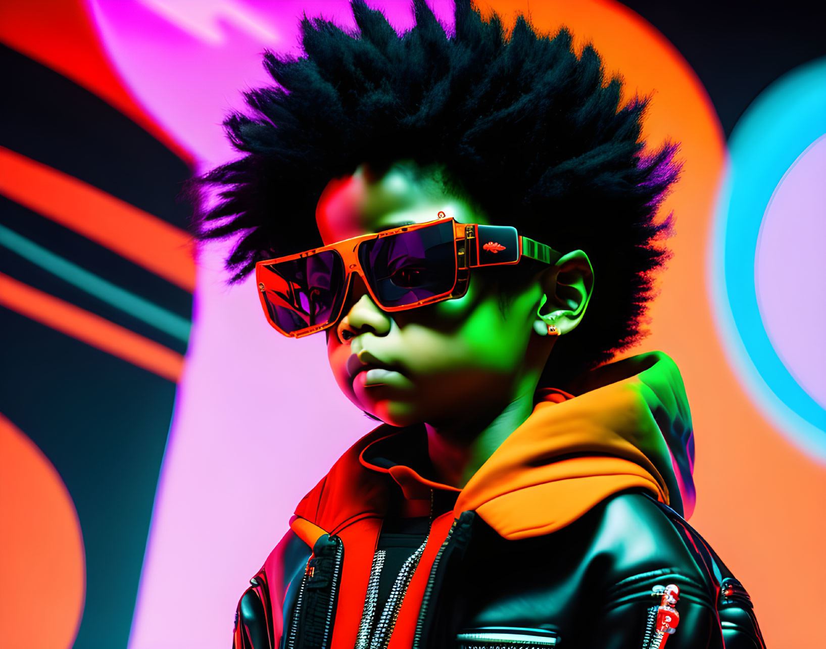 Child with Afro in Orange Sunglasses & Leather Jacket on Neon Background