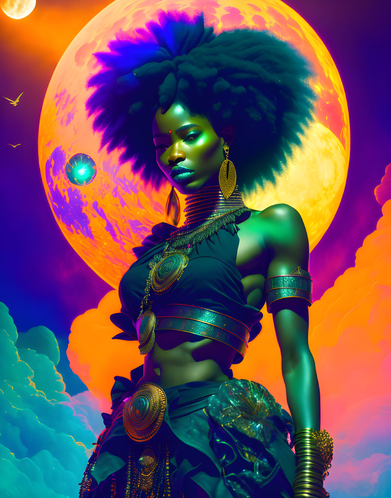 Woman with Striking Afro Hair and Golden Adornments in Vibrant Sky