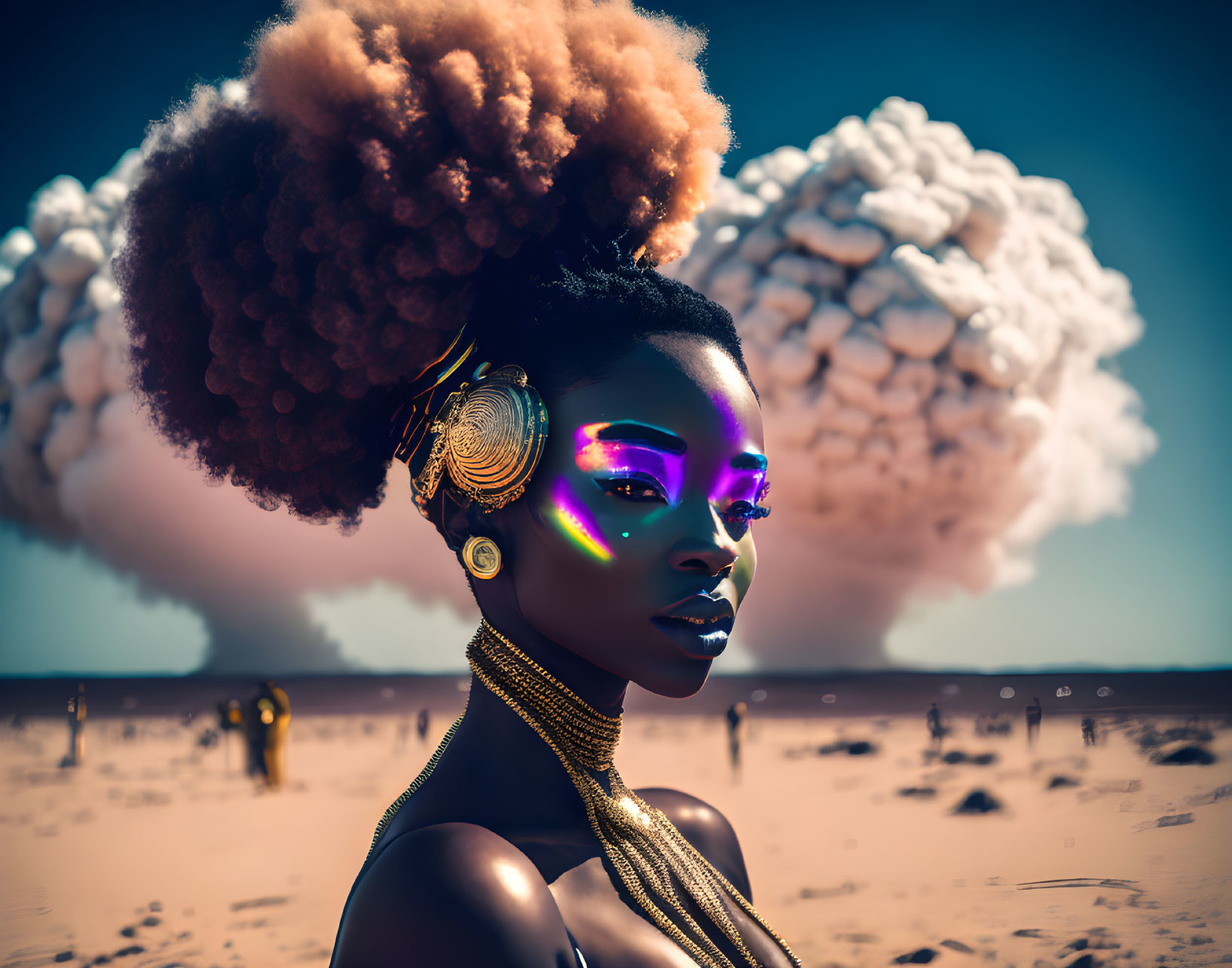 Vibrant digital portrait of an African woman with afro hairstyle in surreal desert setting