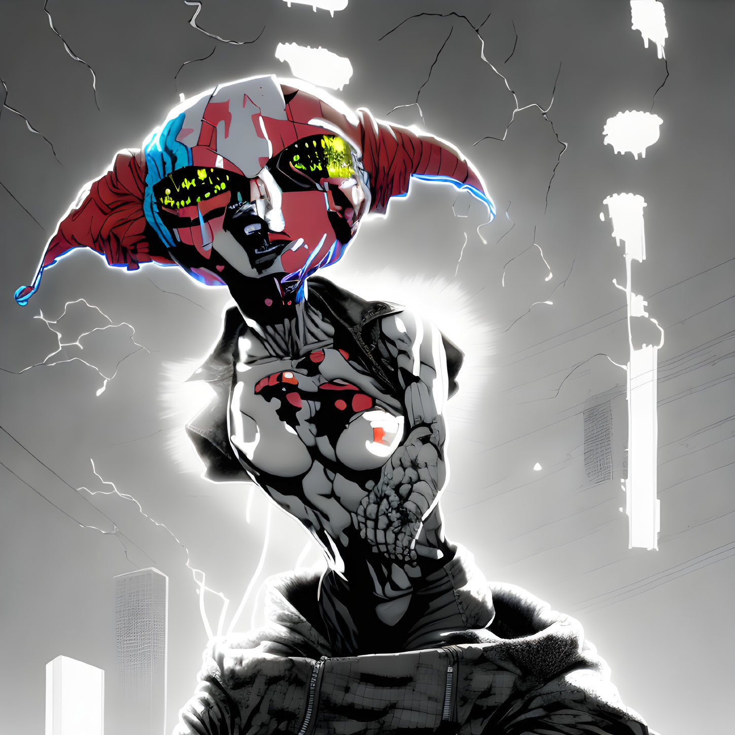 Cybernetic-enhanced female character with harlequin helmet in futuristic cityscape