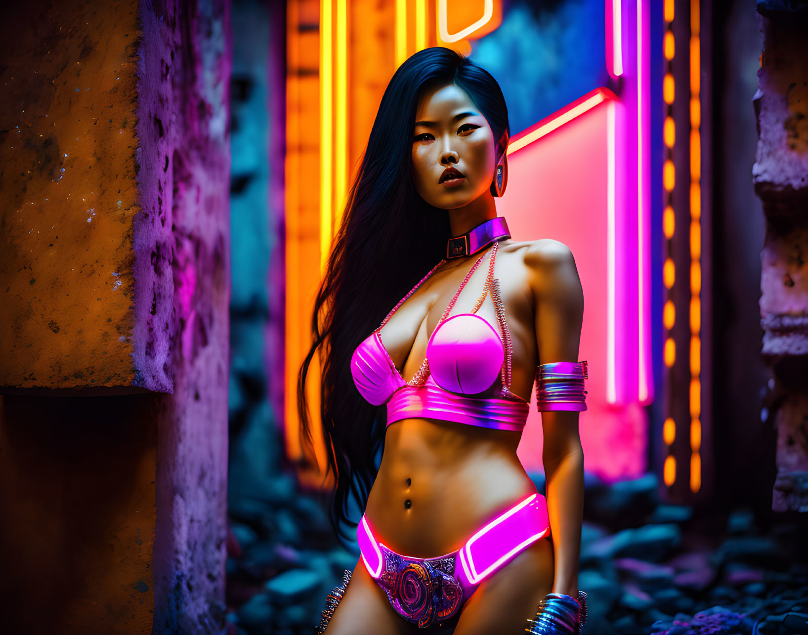 Futuristic woman in neon-lit setting