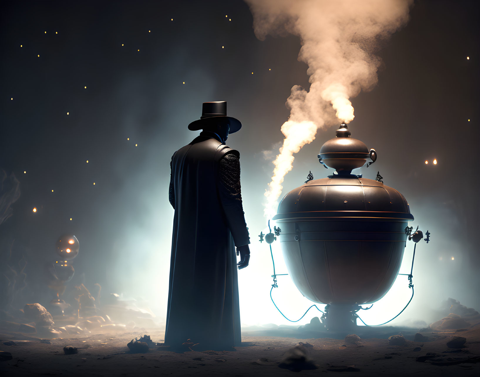 Person in Coat and Hat Beside Steaming Kettle in Mystical Starlit Setting