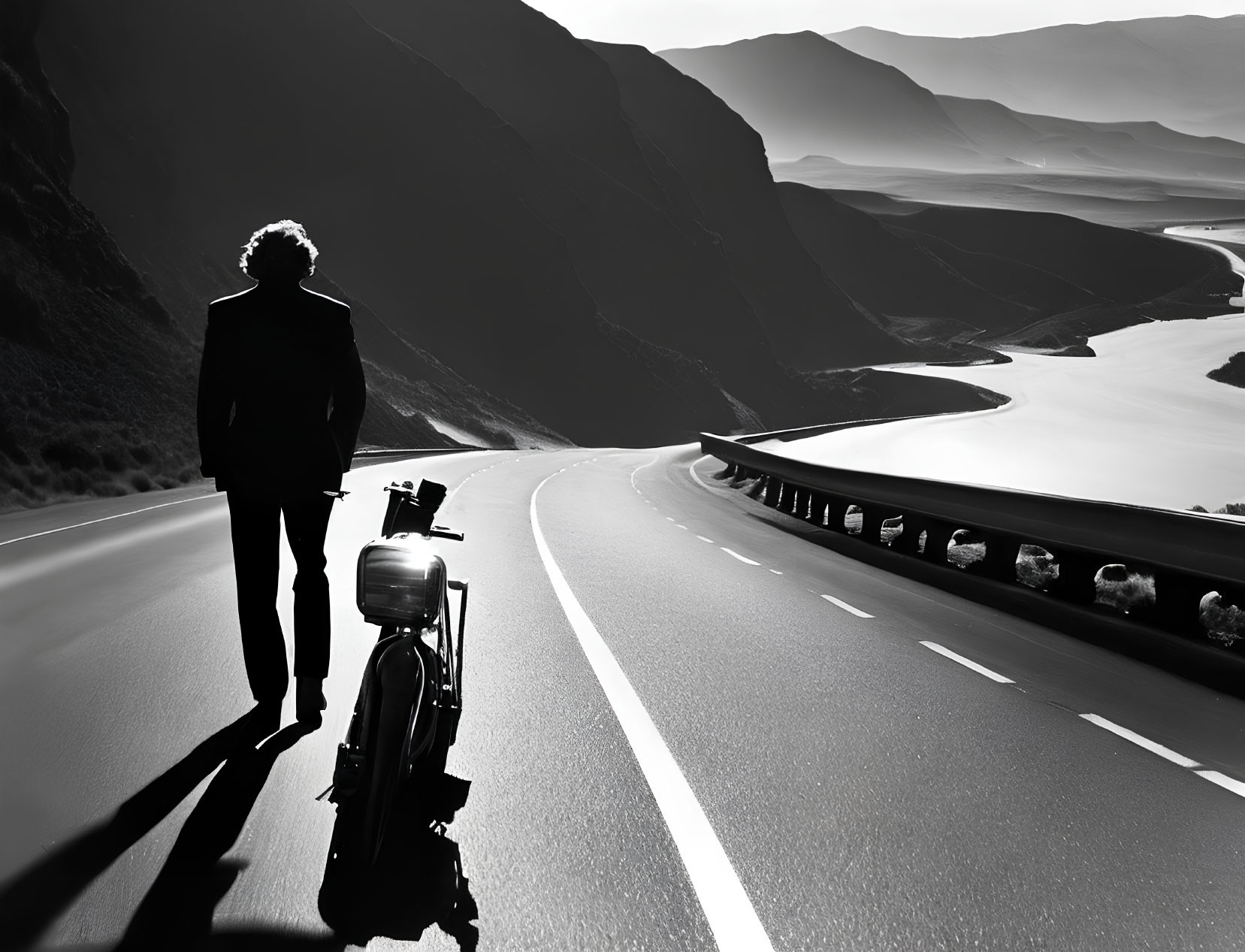 Person beside motorcycle on winding road with mountain views.