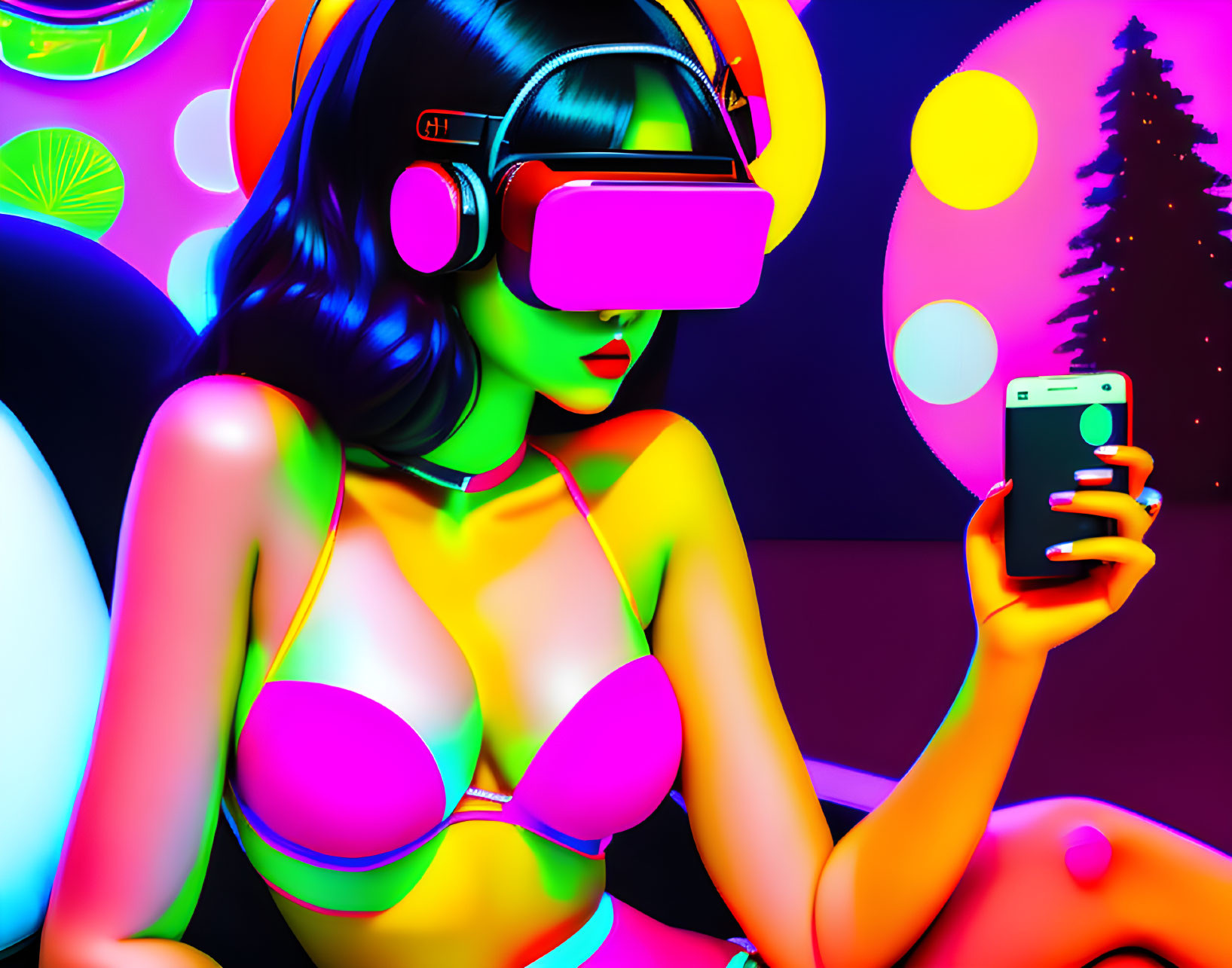 Colorful digital artwork: Woman in VR headset with smartphone, neon colors.