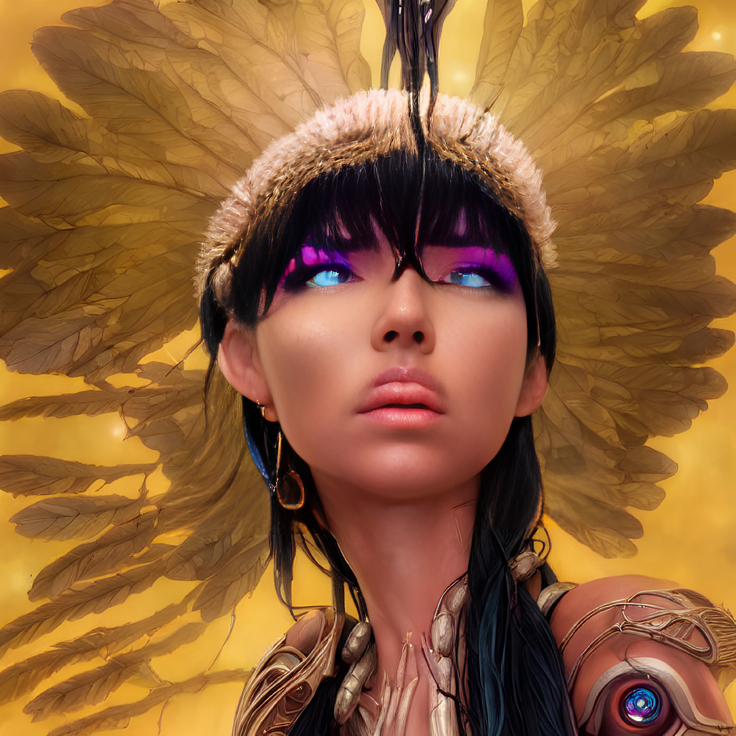 Woman with Purple Eyes and Ornate Golden Feathered Headdress in Futuristic Armor against Golden Background
