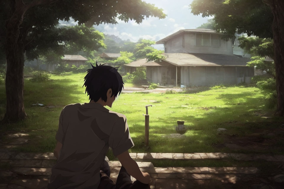 Young person with black hair sitting on curb looking at sunlit, overgrown yard and old house