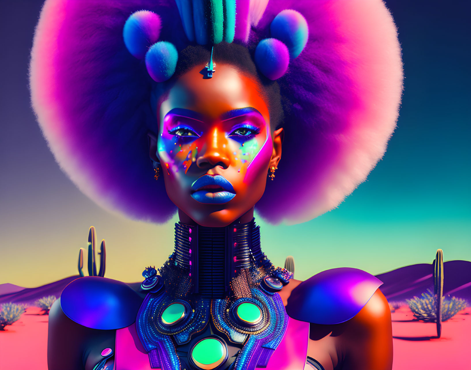 Futuristic woman with elaborate makeup in desert landscape