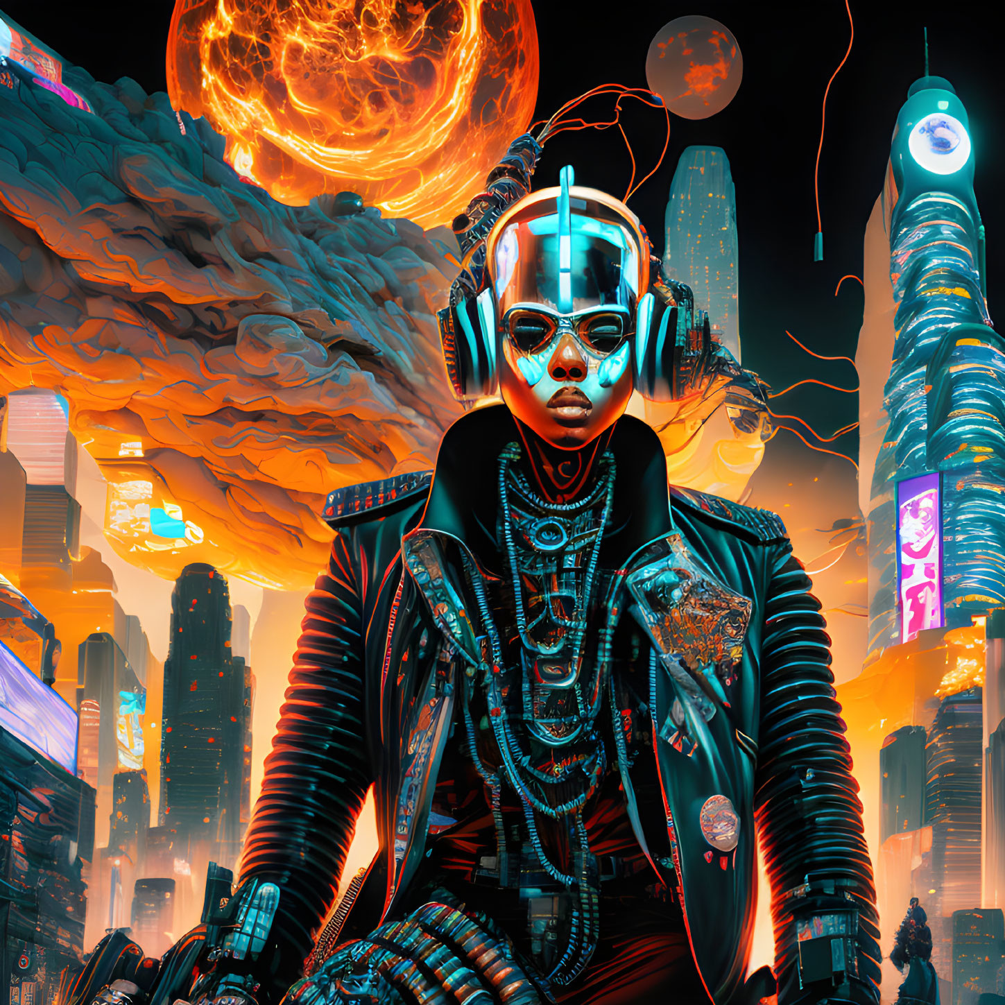 Futuristic cyborg with stylish glasses and headphones in urban setting under red moon