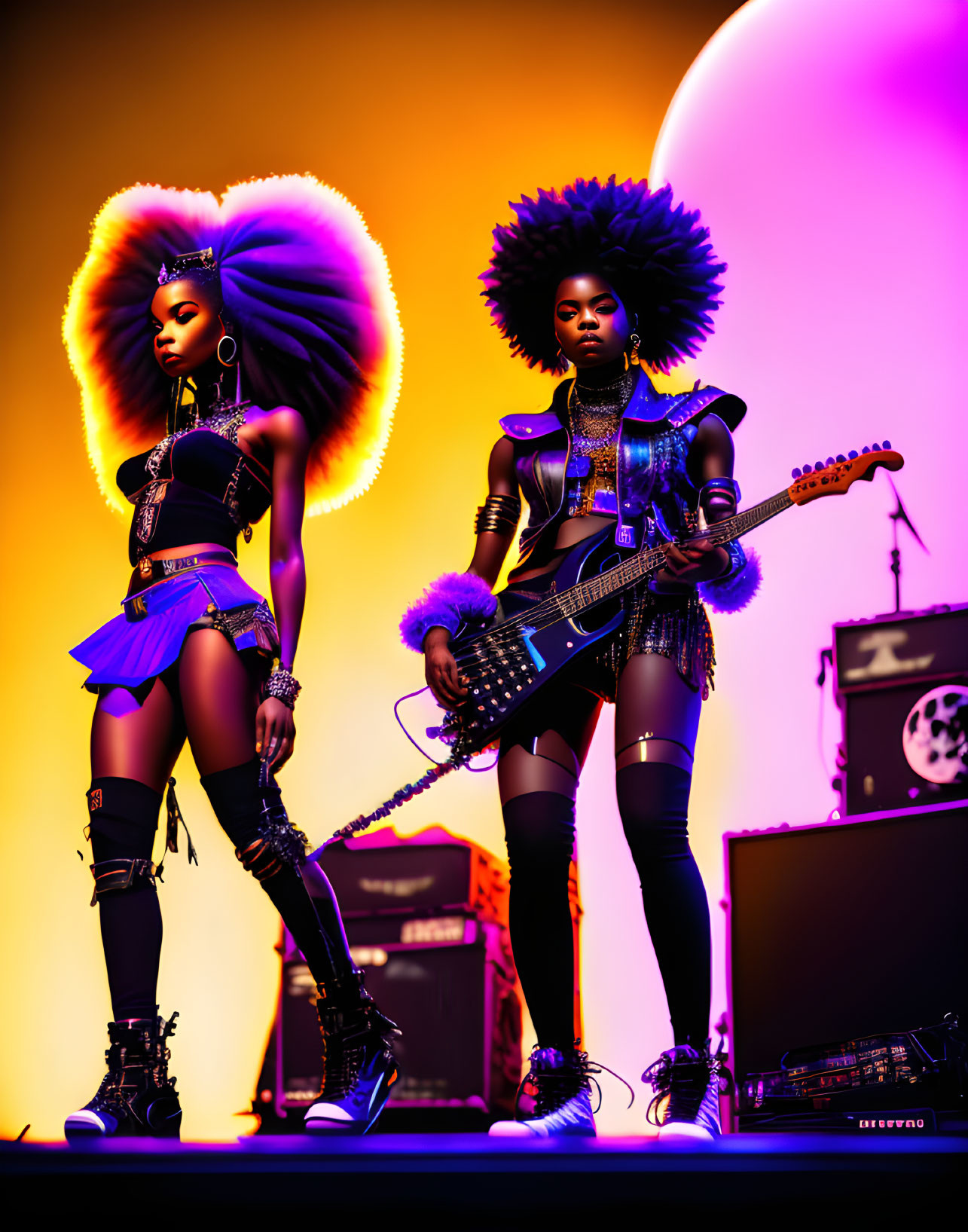 Stylized female musicians with afro-punk aesthetics on stage with guitar and microphone