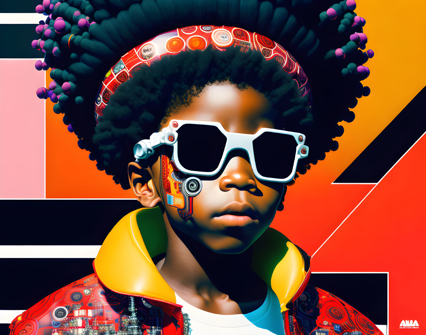 Child with Afro Hair in Music-Themed Digital Artwork