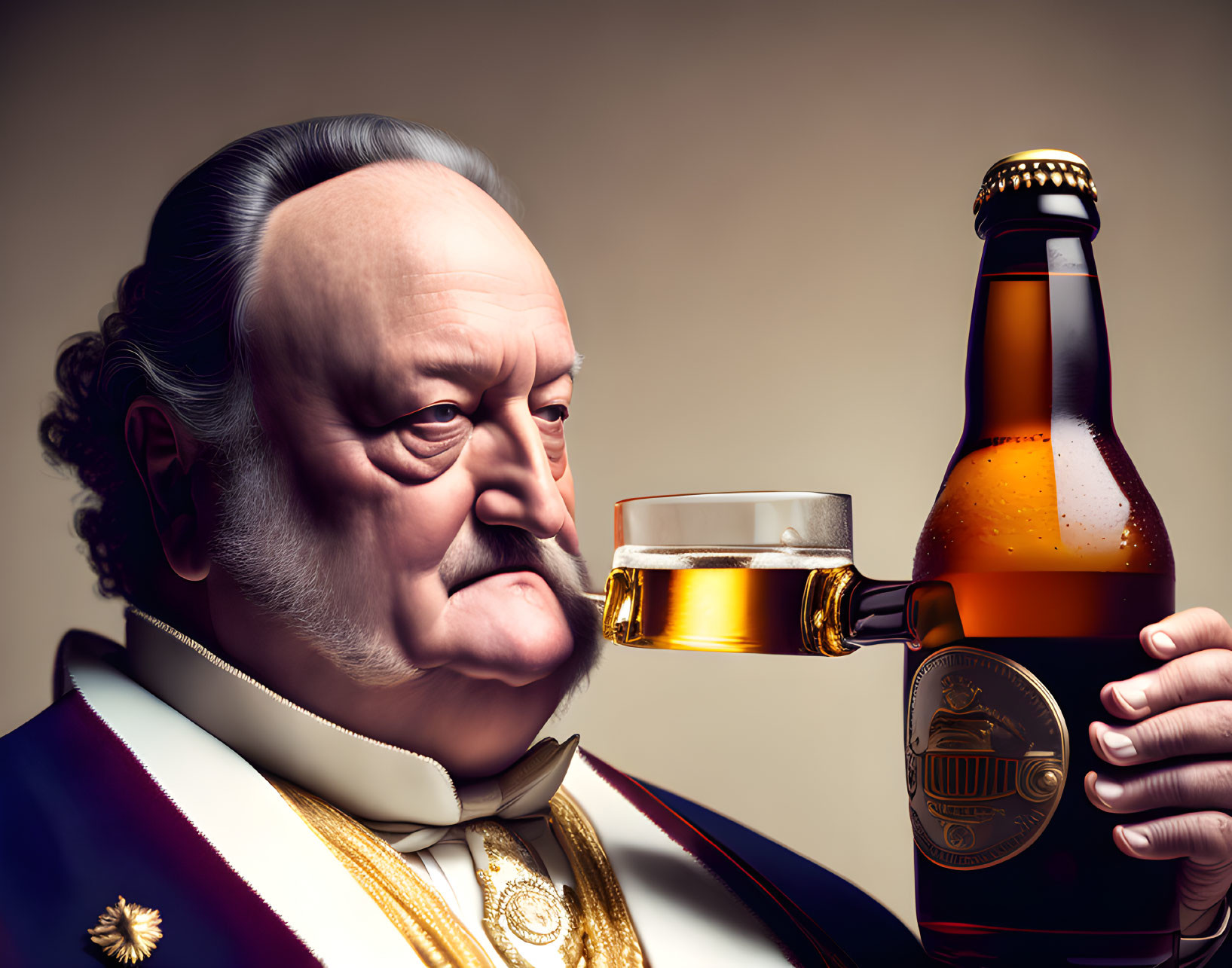 Man in Historical Attire with Beer Bottle and Toast-Ready Glass