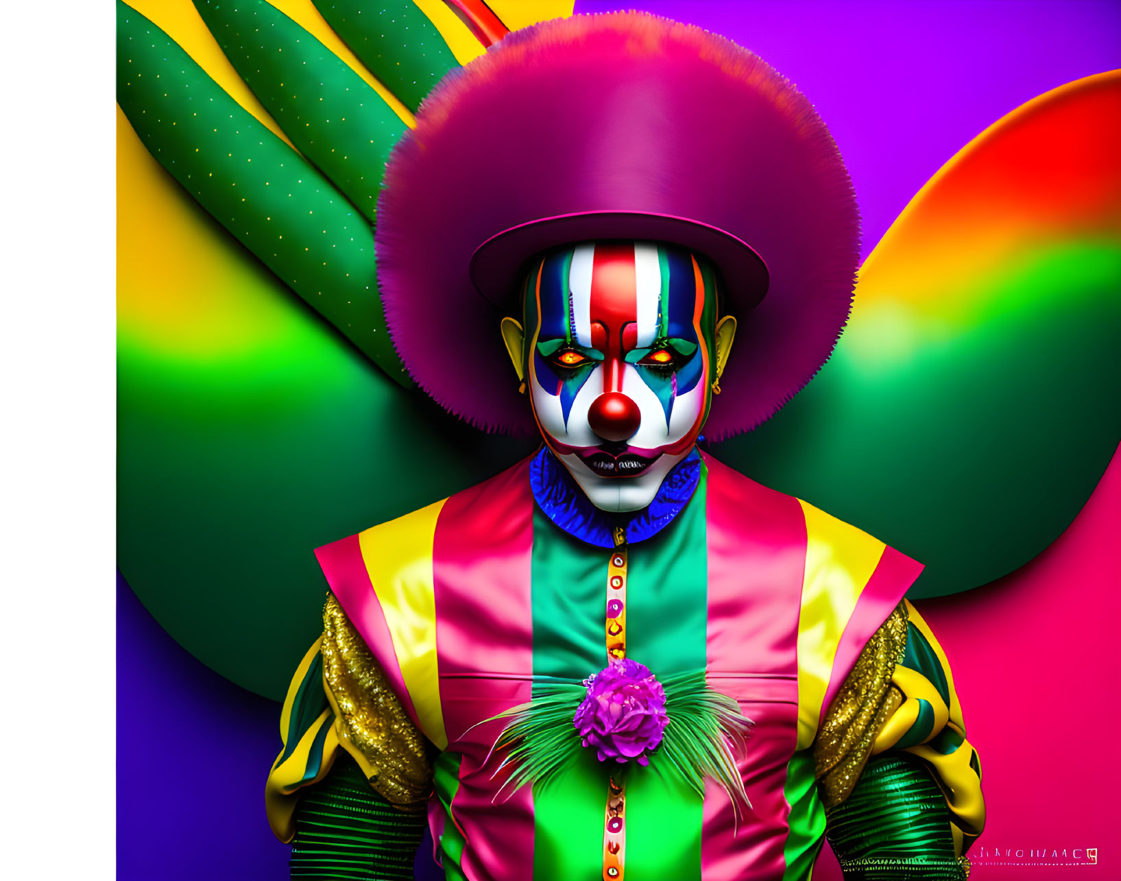 Colorful Clown with Rainbow Hat and Makeup on Swirling Background