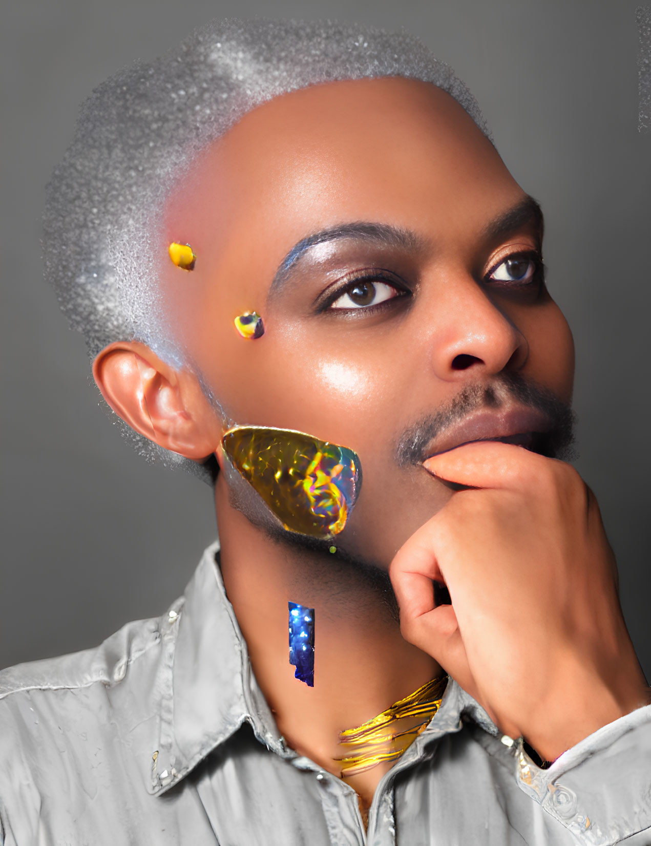 Portrait of individual with artistic makeup and colorful design on cheek and neck