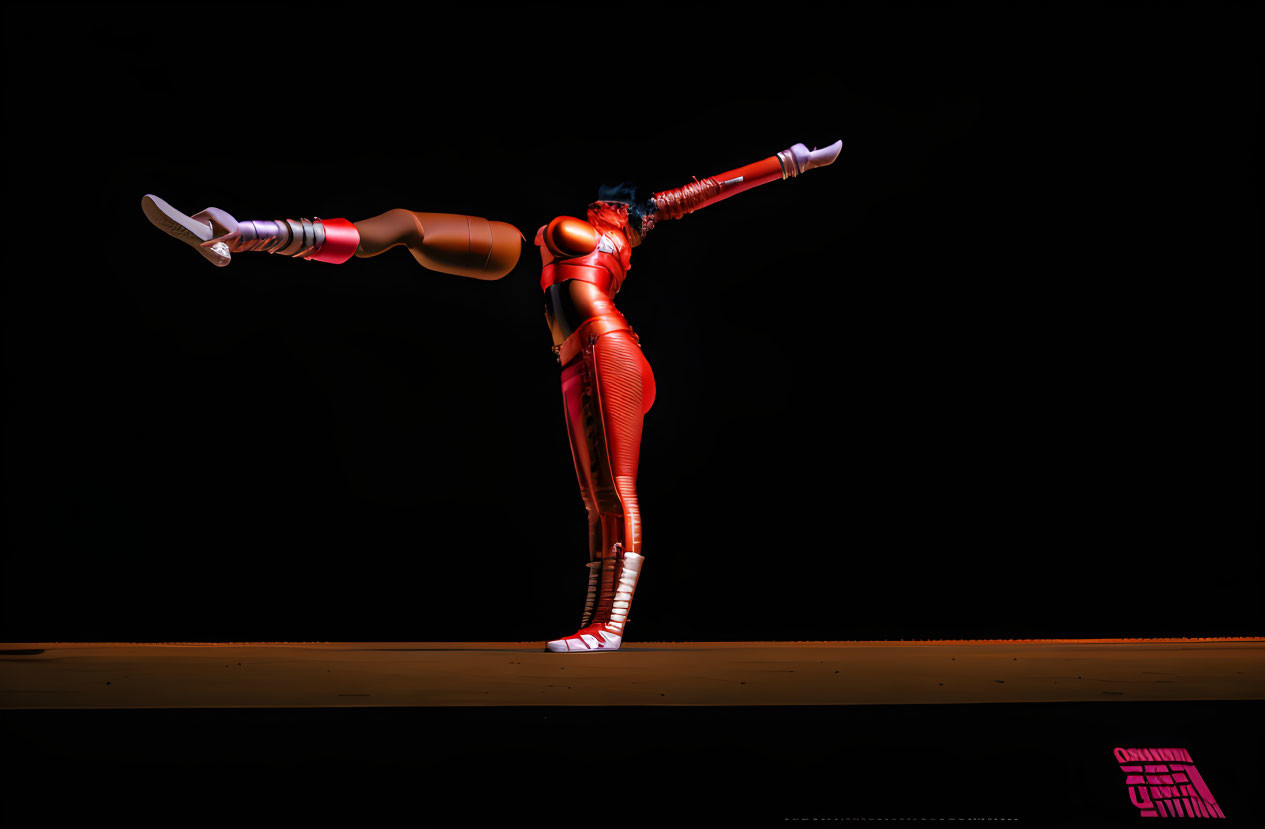 Futuristic 3D-rendered character in red suit acrobatic dance move