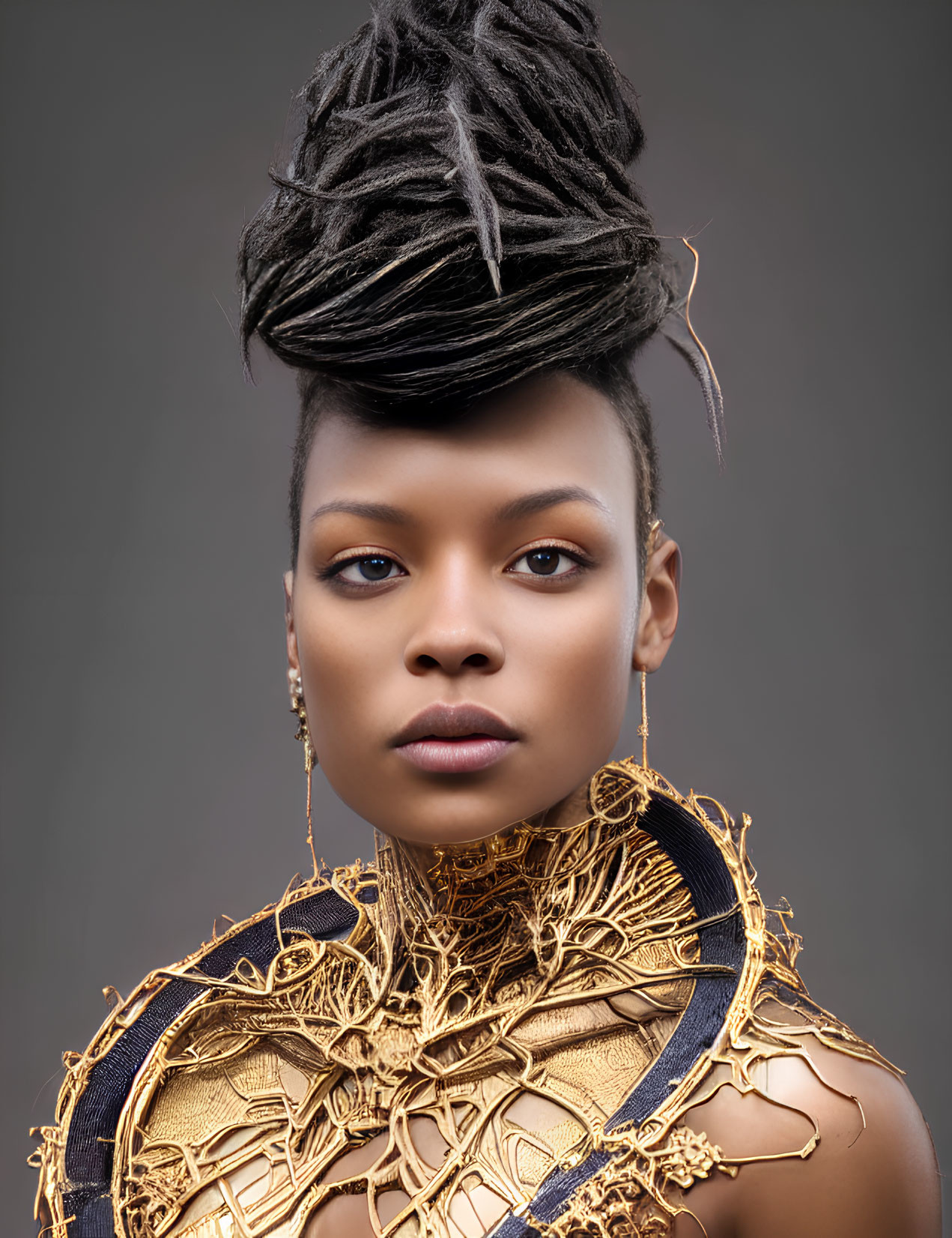 Intricate tall dreadlock hairstyle and golden neckpiece on woman.