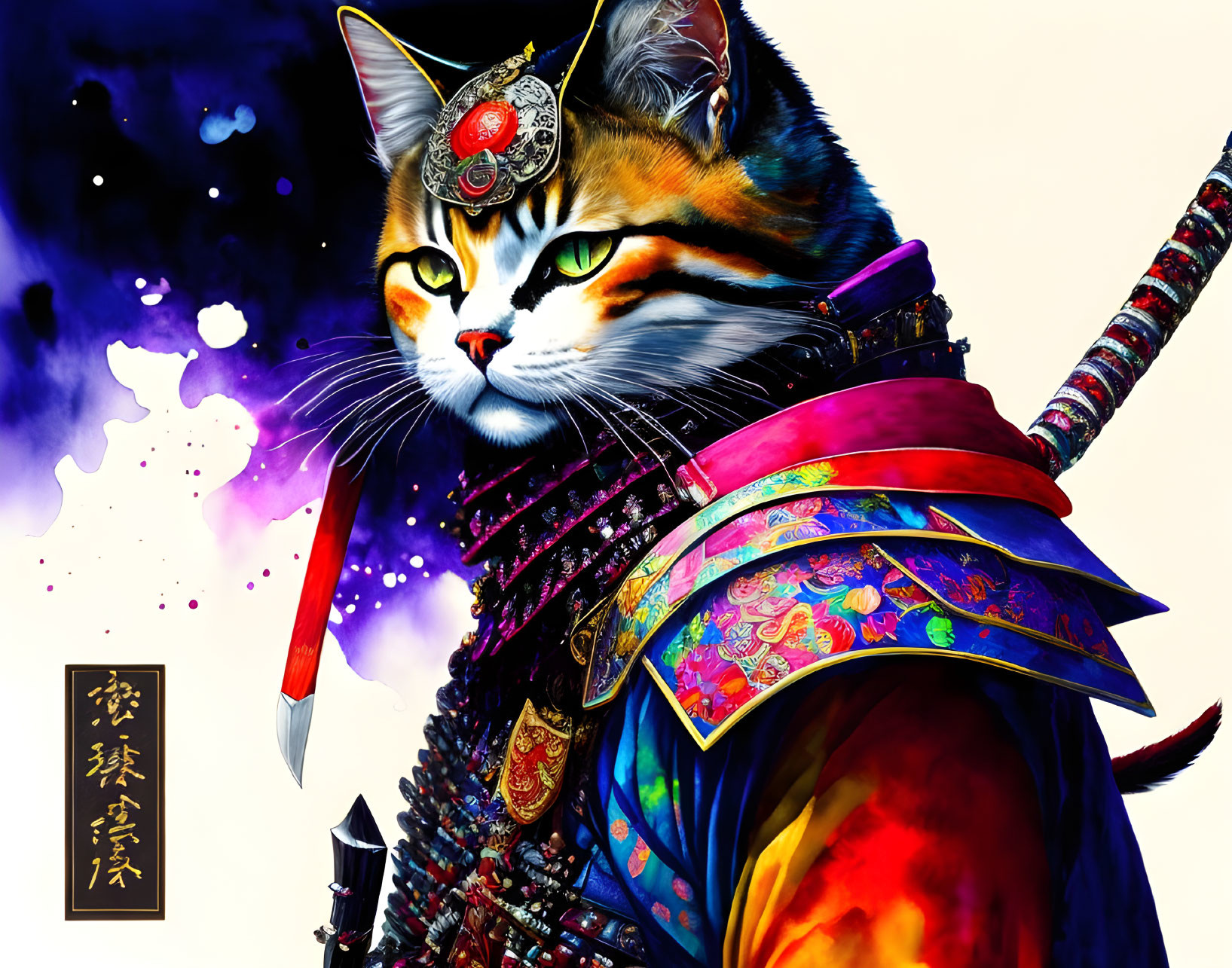 Majestic cat in Japanese samurai armor with sword, vibrant colors