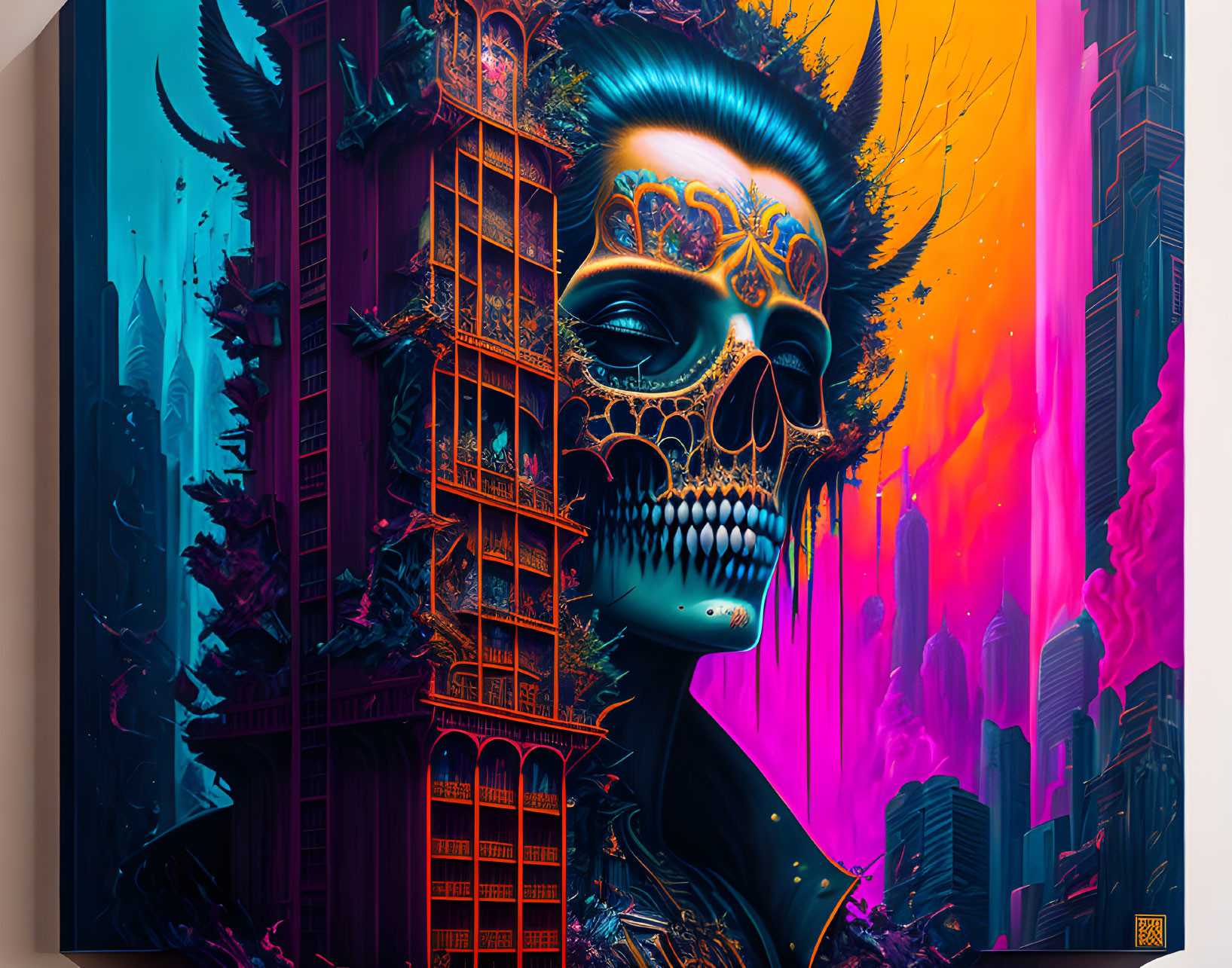 Colorful Day of the Dead skull art in futuristic cityscape