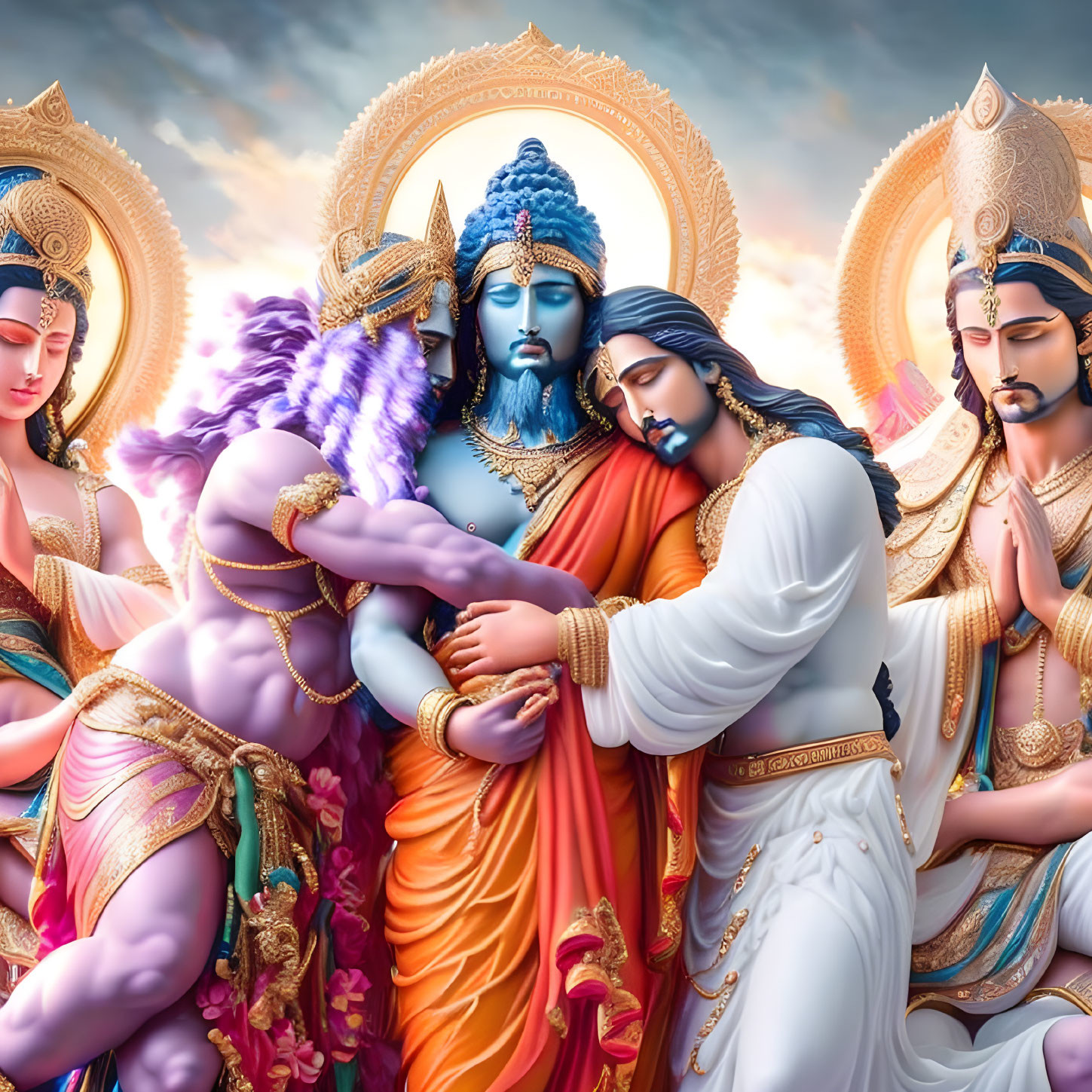 Vibrant Hindu gods artwork: Lord Vishnu in blue, surrounded by ornately dressed figures under