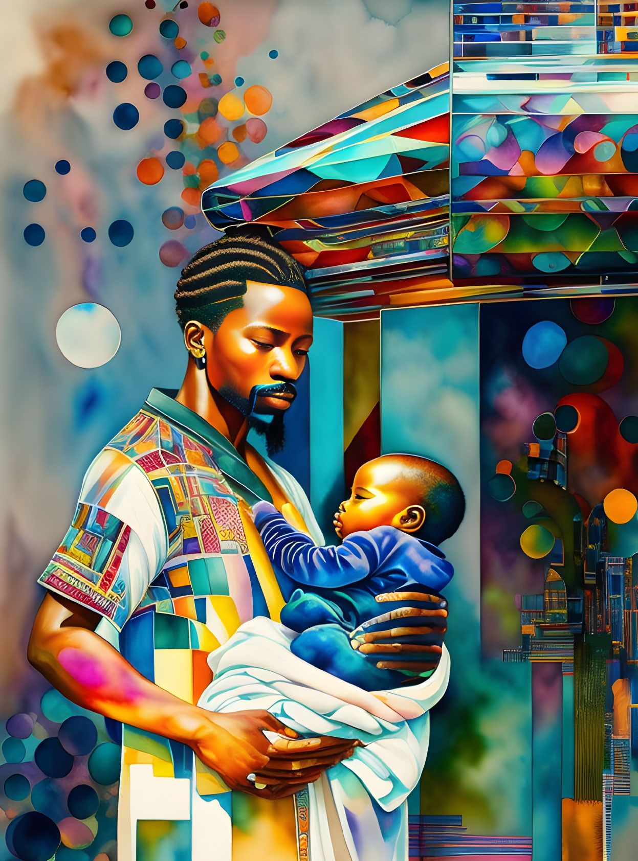 Colorful Abstract Artwork: Man Holding Sleeping Infant