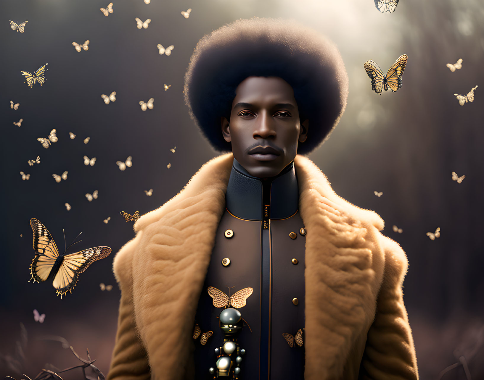 Man with Afro Hairstyle in Butterfly Adorned Fur Coat Surrounded by Flying Butterflies