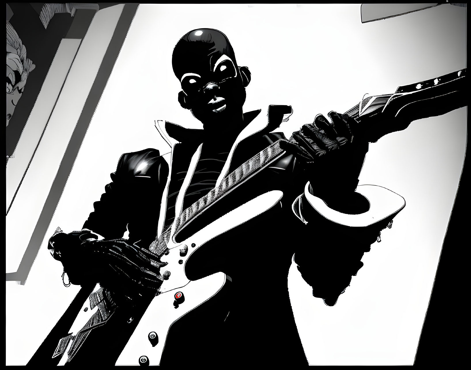 Monochrome illustration of person with electric guitar & sunglasses