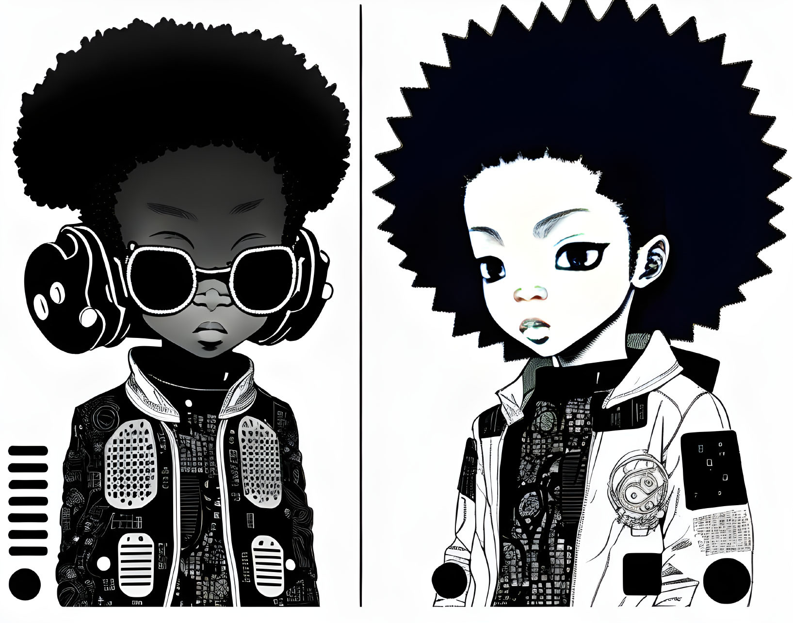 Stylized black and white illustrations of child with afro in futuristic attire