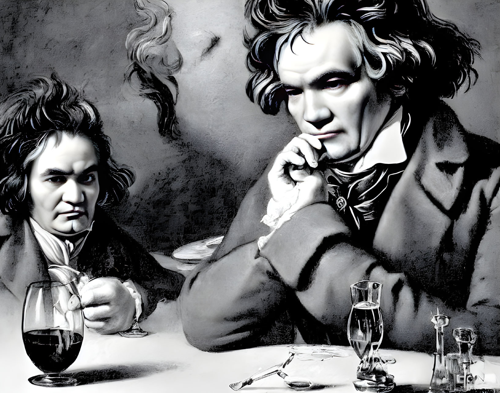 Monochrome illustration of two men at a table with wine.