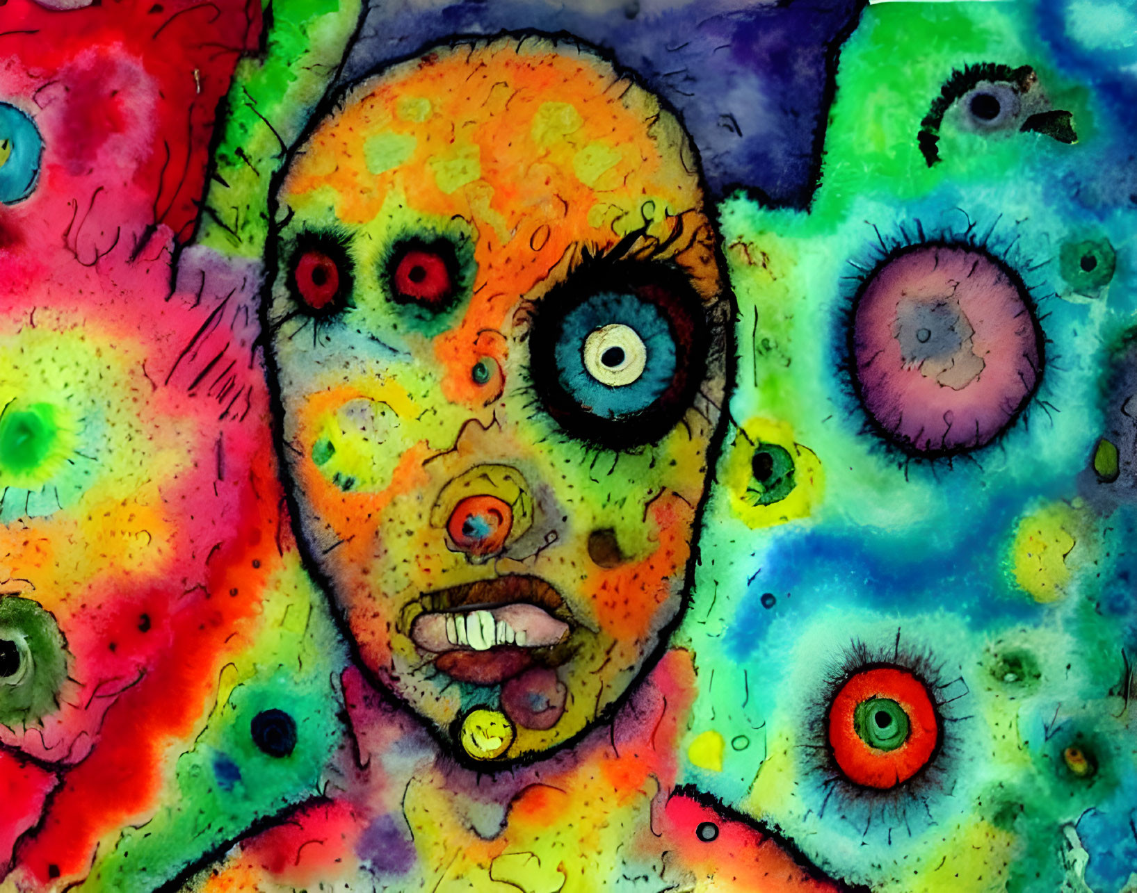 Colorful Watercolor Painting of Face with Mismatched Eyes