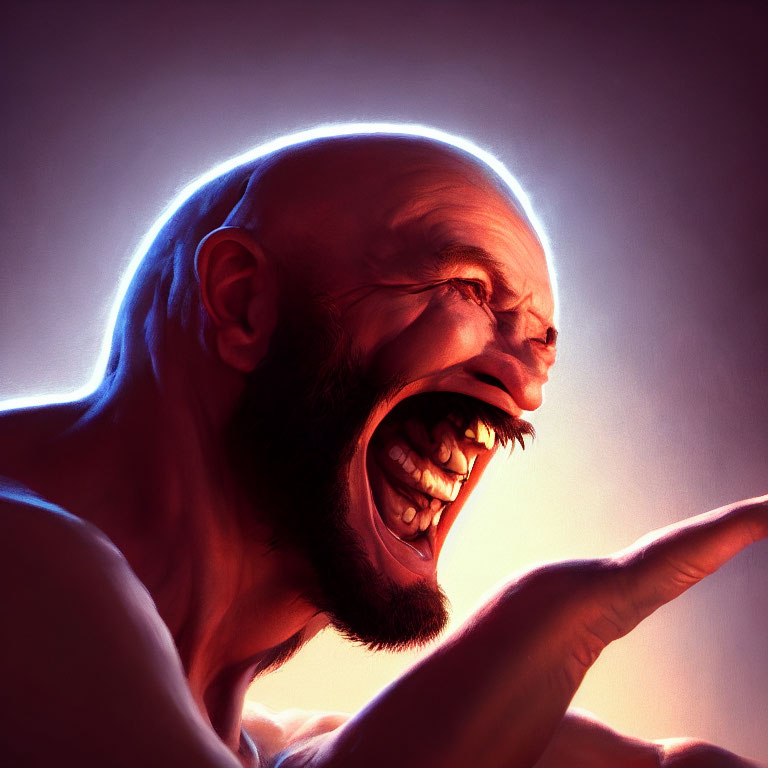 Intense man yelling with glowing outline portrait.