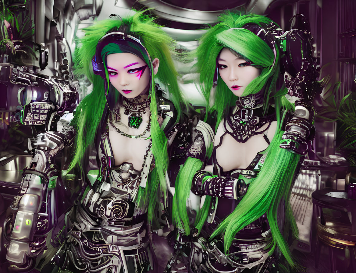 Stylized female cyberpunk characters with green hair and futuristic armor in metallic backdrop