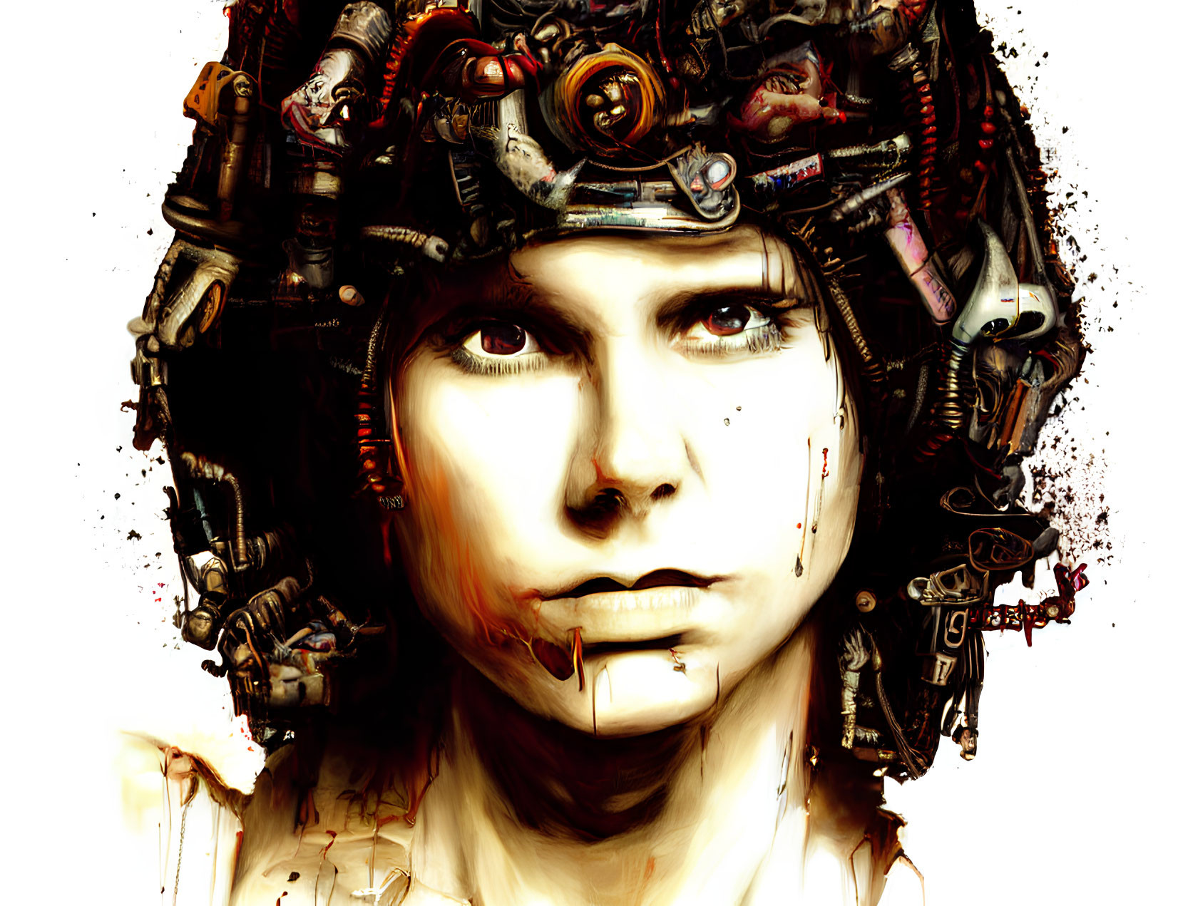 Digital artwork: Person with cyborg-like appearance, intricate mechanical components entwined with human features on