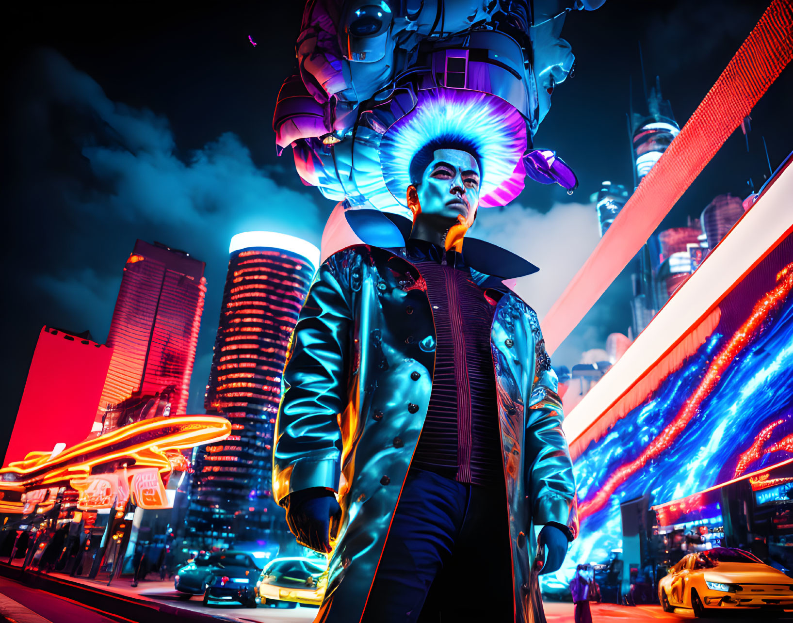 Person in neon-lit city with futuristic robot