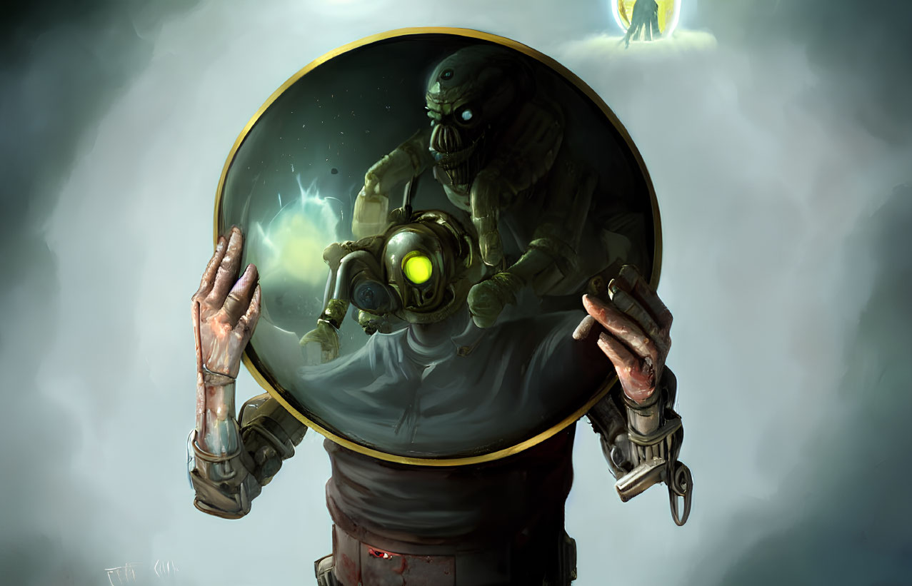 Oversized illuminated diving helmet and mechanical gloves in bulky suit, gazing at stylized glowing entity
