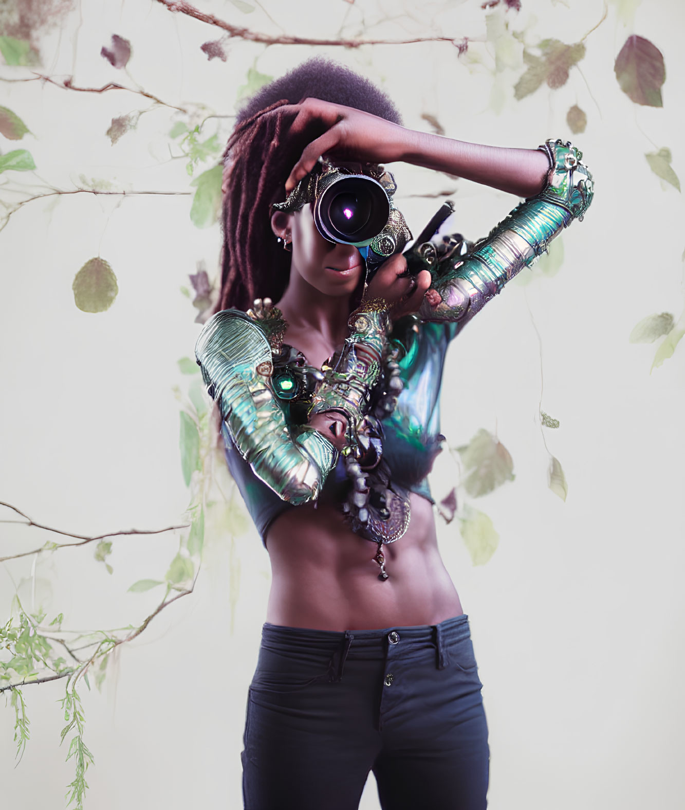 Person with Dreadlocks Holding Camera Surrounded by Foliage