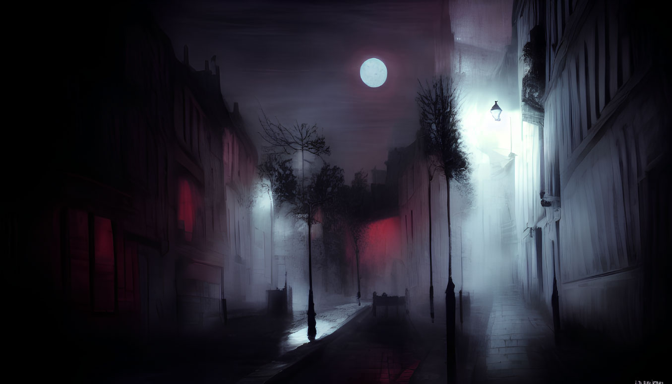 Misty Night Street Scene with Full Moon and Red Glowing Lights