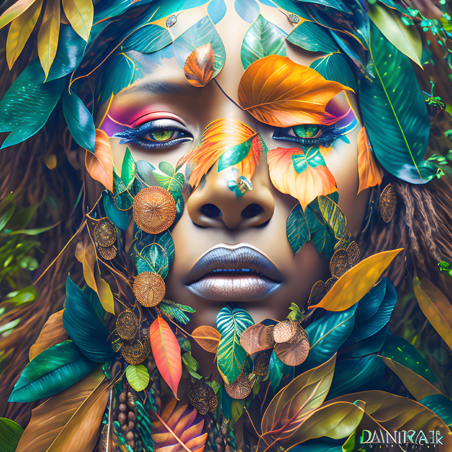 Vibrant makeup portrait with nature-inspired elements