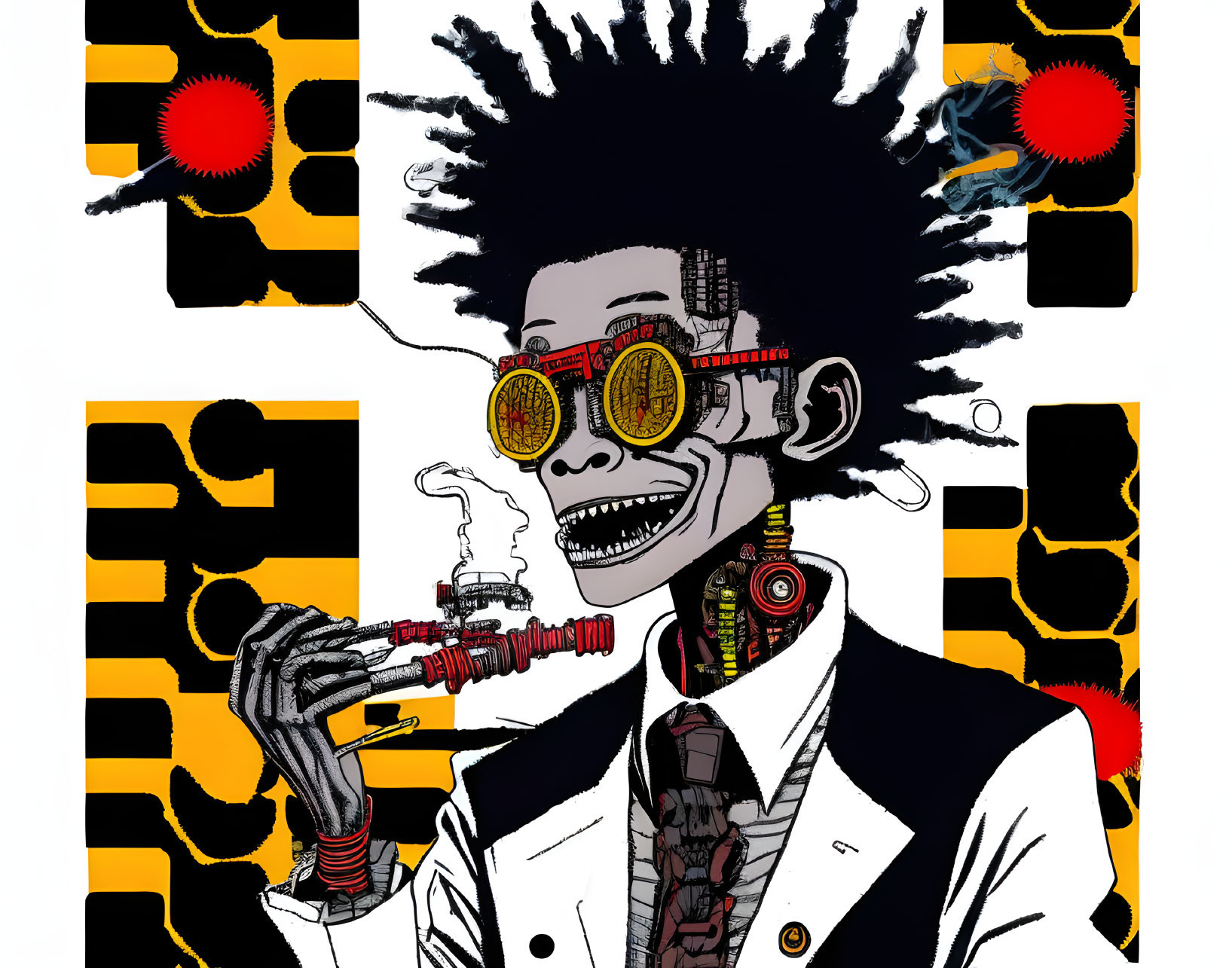 Stylized character with afro and goggles in lab coat with mechanical pipe on pop art backdrop